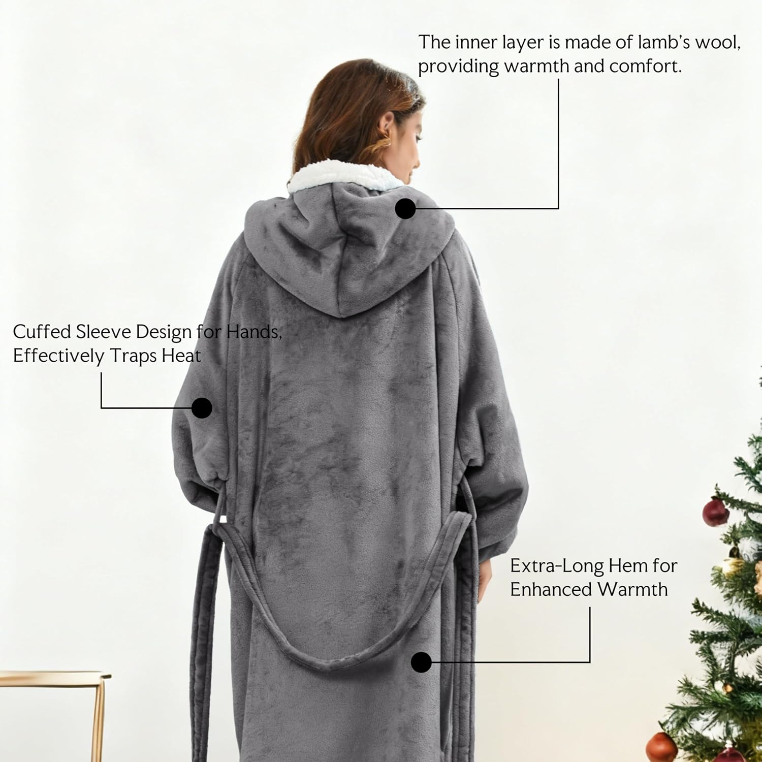 Detalle de Wearable Hoodie Blanket Soft Sherpa Fleece with Big Pocket and Adjustable Belt