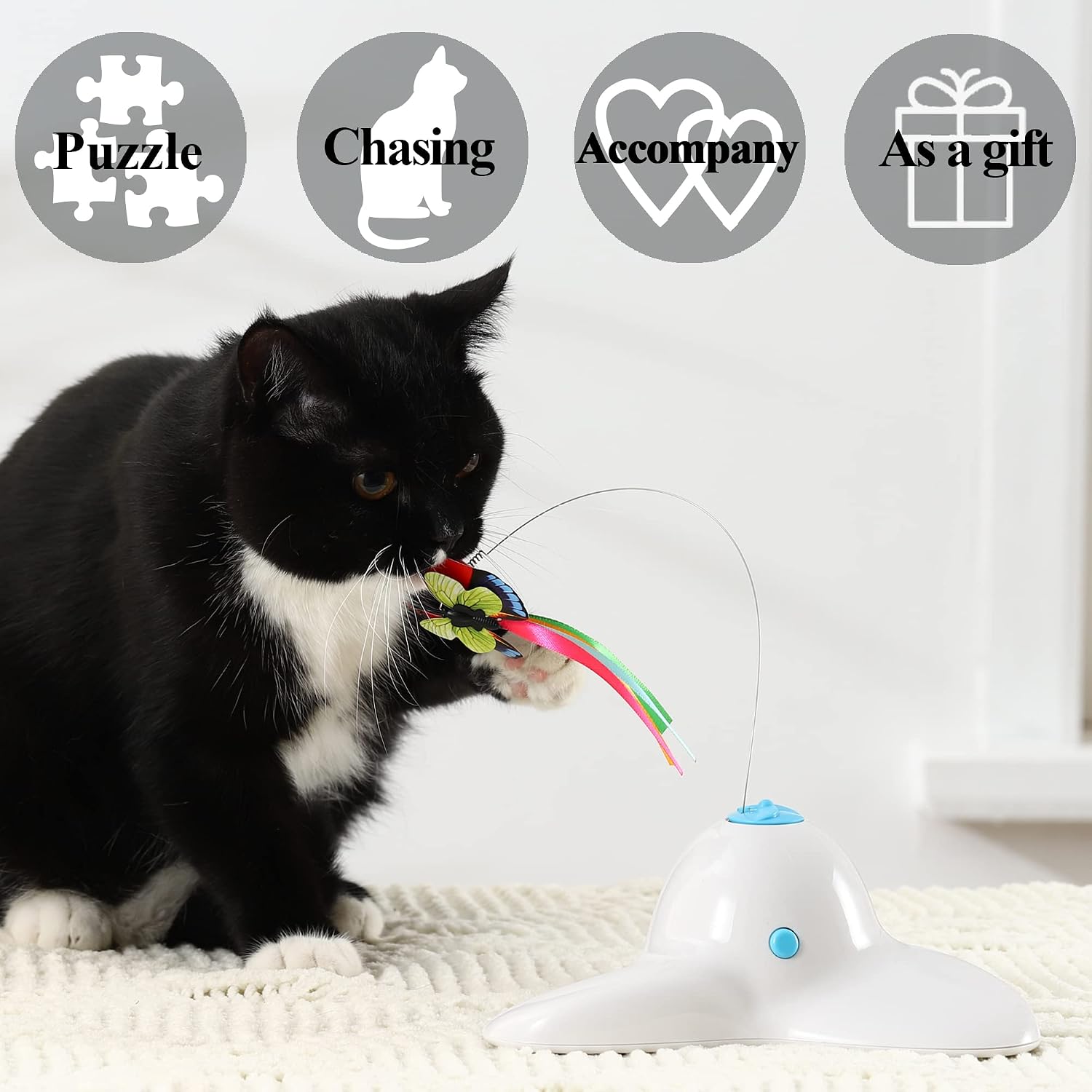 Detalle de Vealind interactive smart cat feather toy with 360° rotating butterfly (cream white) for indoor play