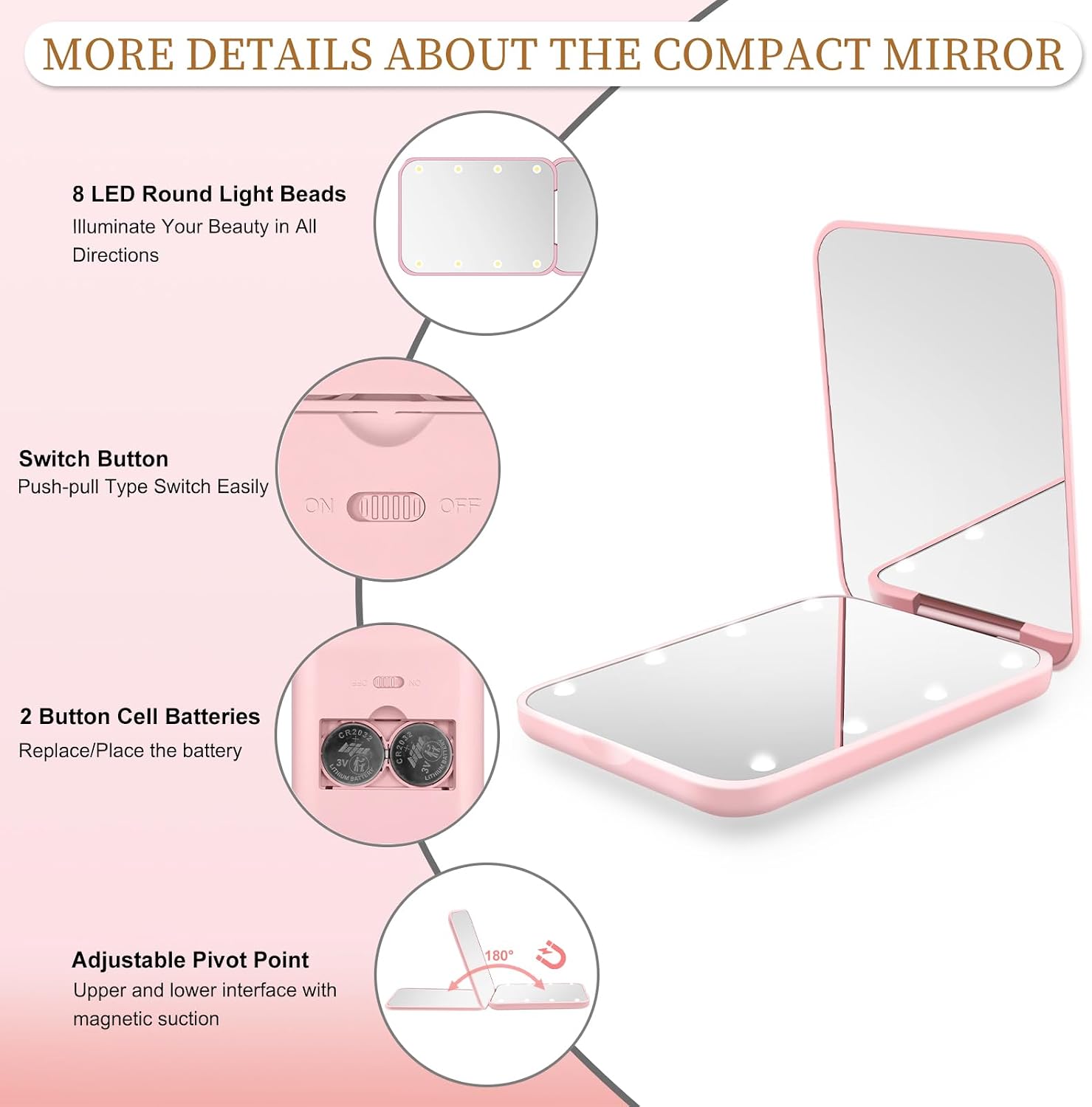Detalle de Kakuje Compact Mirror (Pink) — 1X/3X LED Pocket Mirror with Built-In Battery