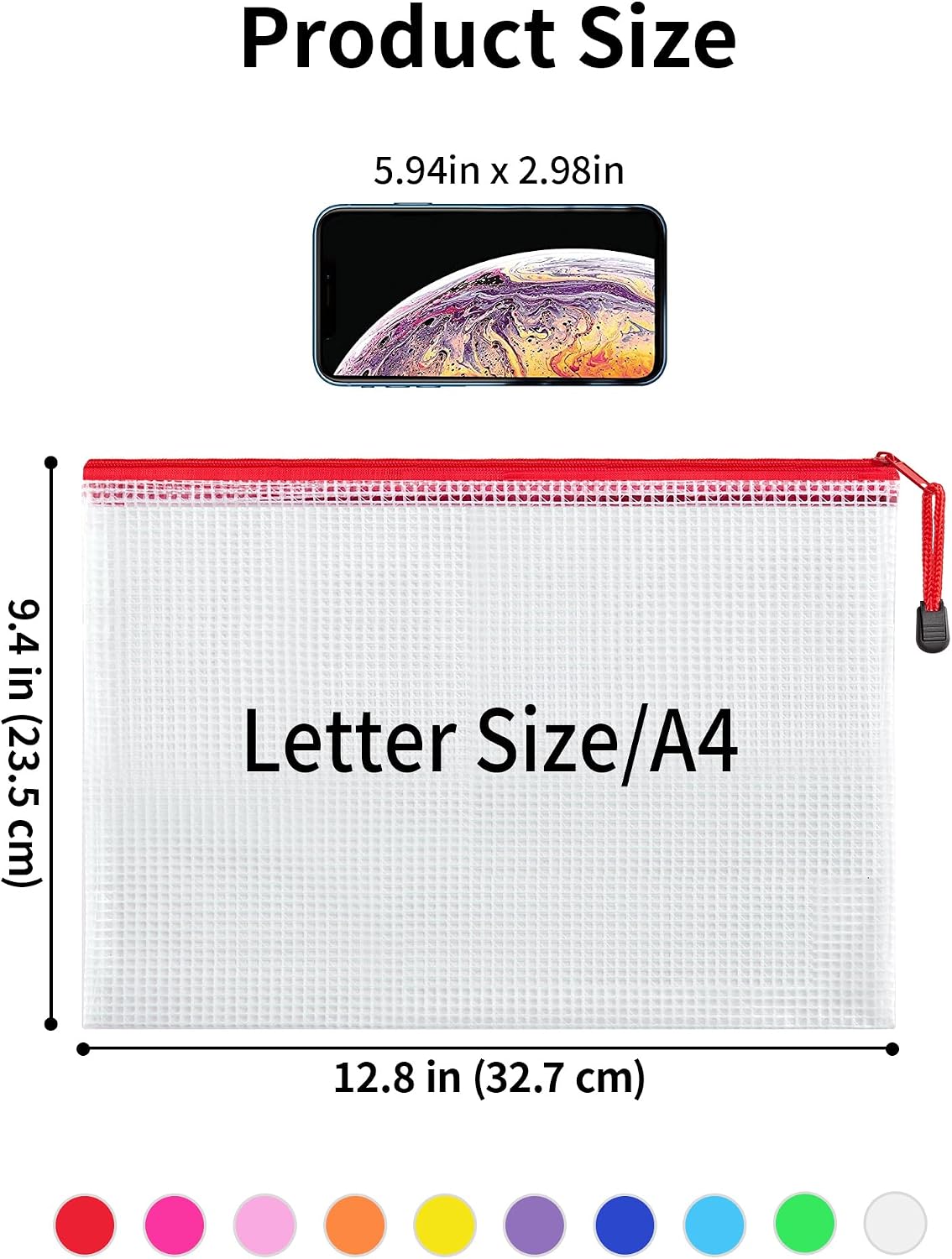 Detalle de JARLINK A4 Mesh Zipper Pouches, 20-Pack, PVC, 10 Colors