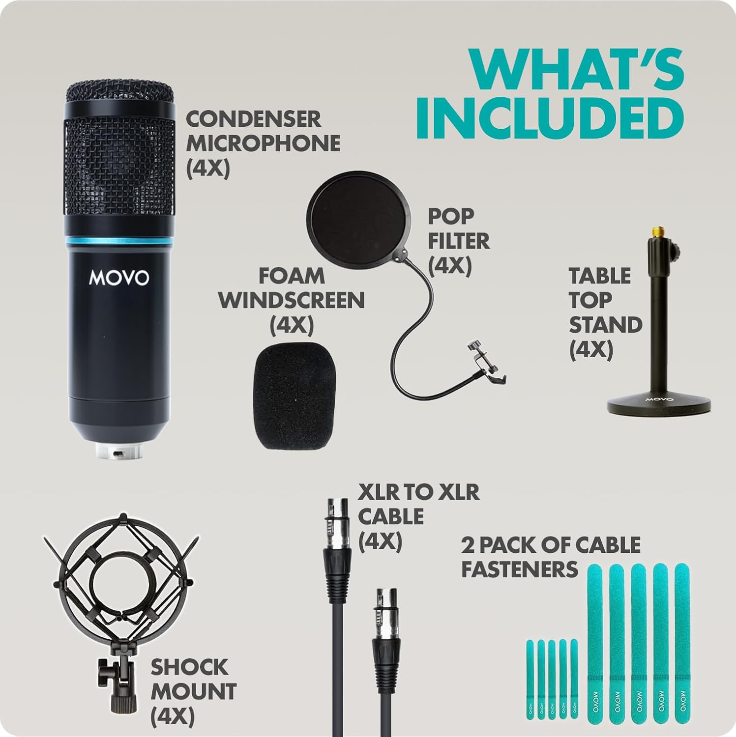 Detalle de Movo Podcast Microphone Bundle, 4-Pack