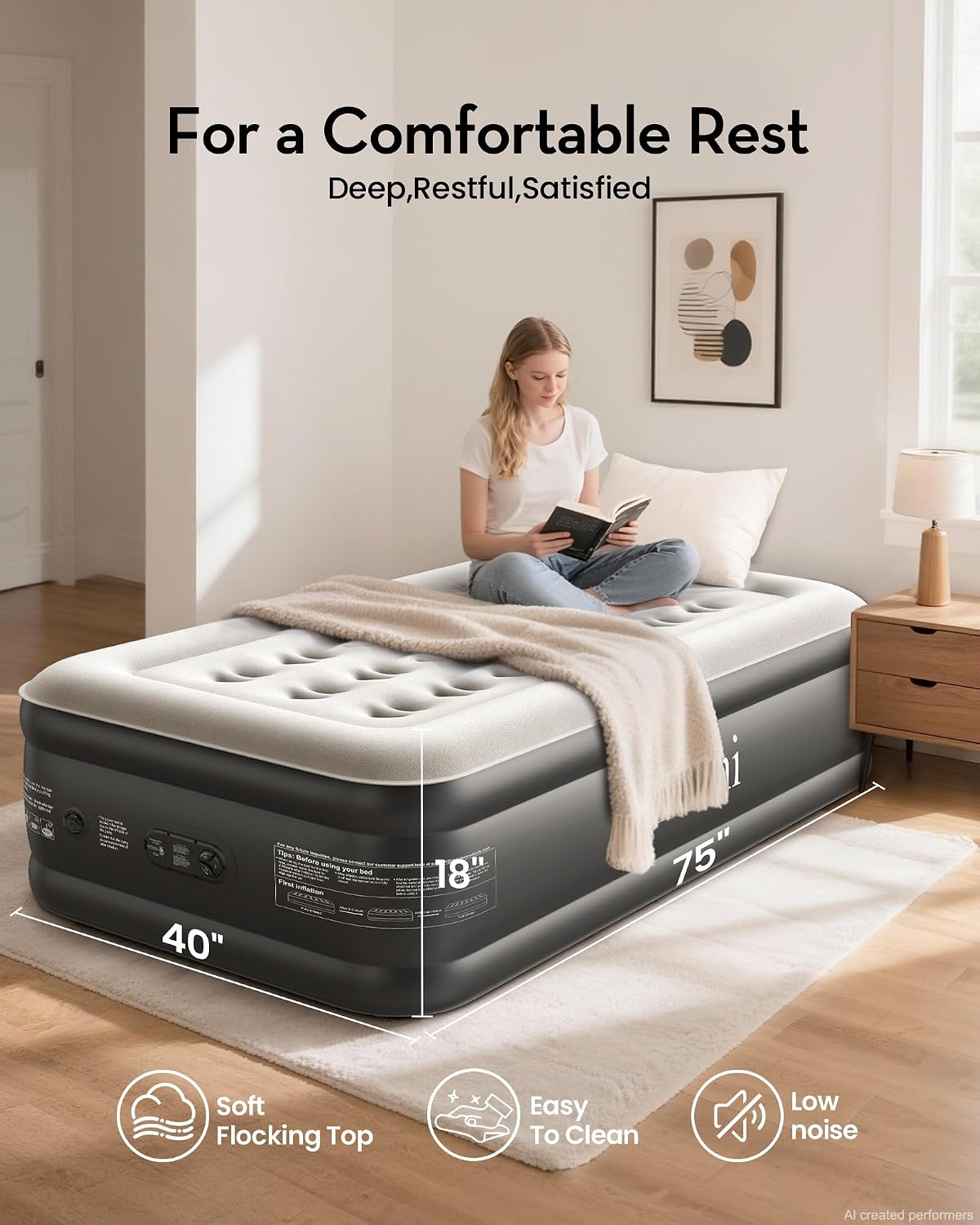 Detalle 2 de OhGeni AMH5 Twin Air Mattress with Built-In Pump, 18-Inch Raised Design