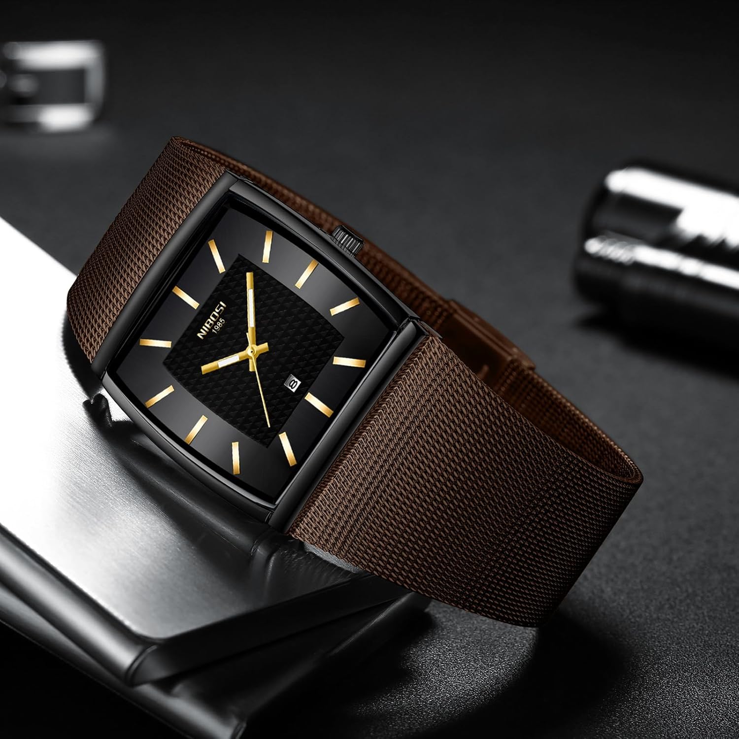 Thumbnail 4 de NIBOSI Herren Armbanduhr – quadratische Militärruhe mit Edelstahl-Meshband, 3 ATM wasserdicht