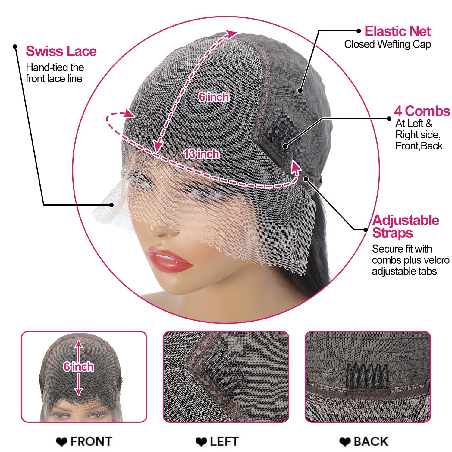 Detalle de Btomar 30 Inch 13x6 HD Lace Front Wig - 200 Density, 100% Human Hair