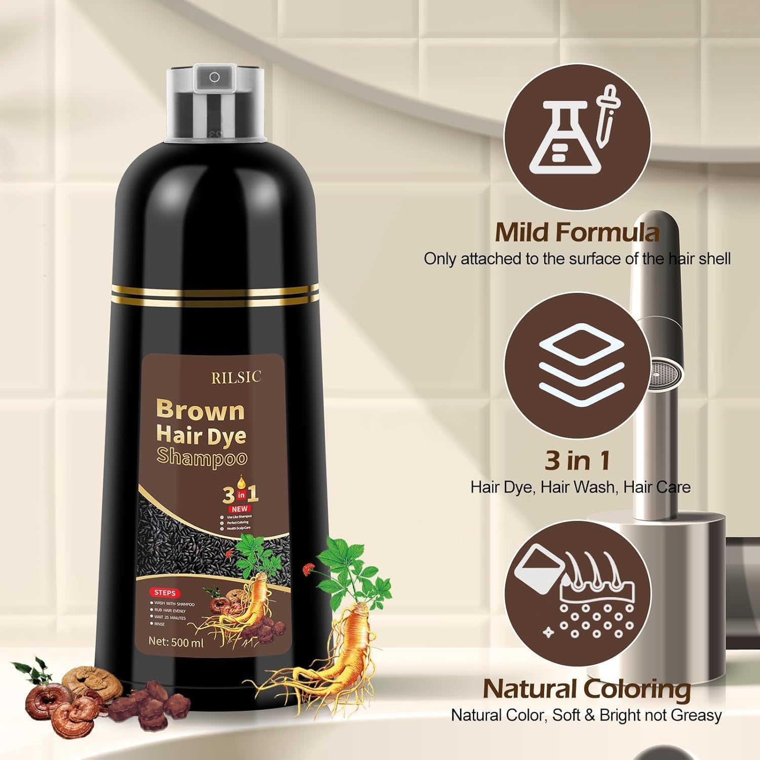 Thumbnail 4 de Hair Dye Shampoo 3 in 1 500ML - Nero per Donna e Uomo, tintura istantanea, colorante capelli naturalish