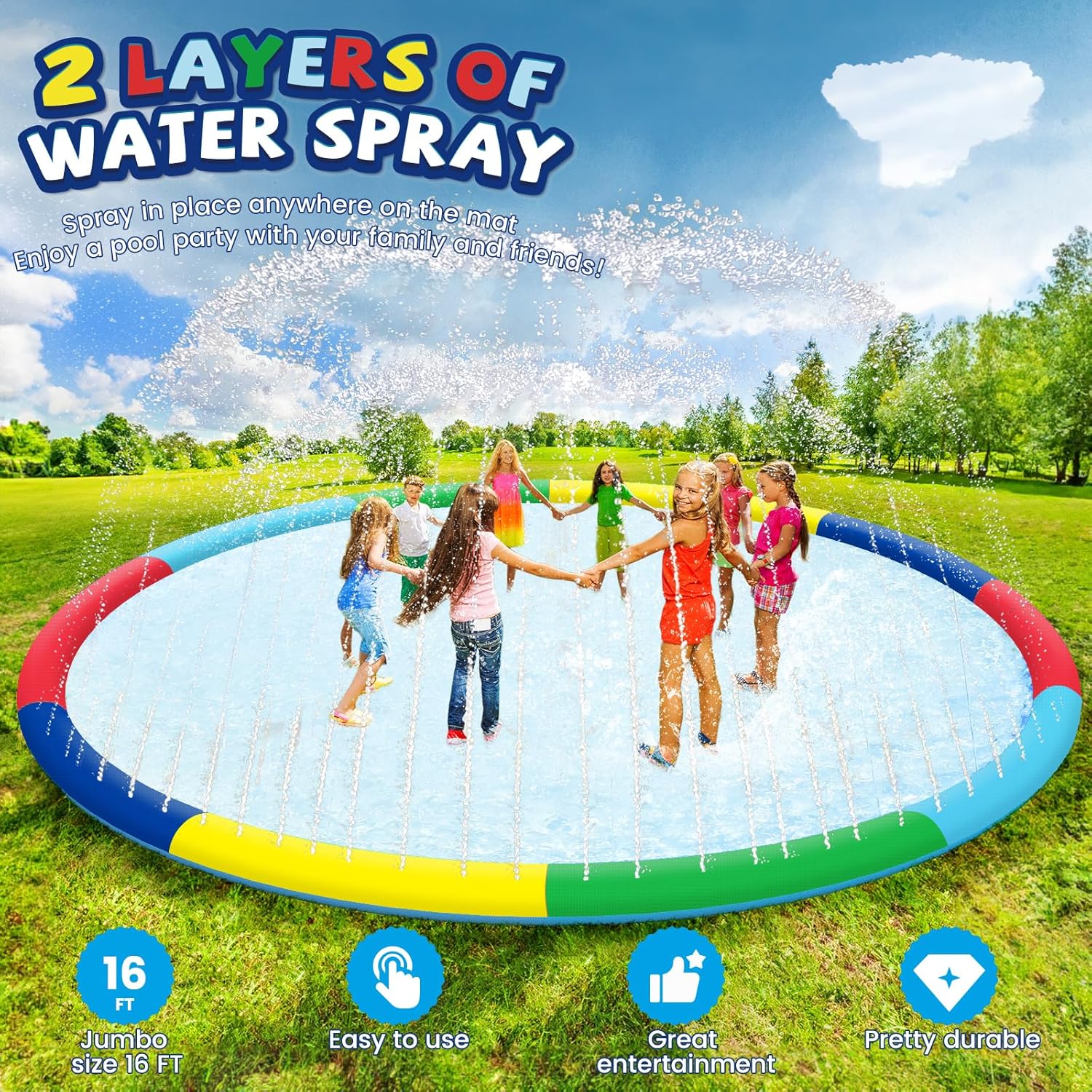 Detalle de ODOSOLA 16 FT Large Splash Pad for Kids: Non-Slip, 360° Sprinklers & Easy Drainage for Backyard Fun