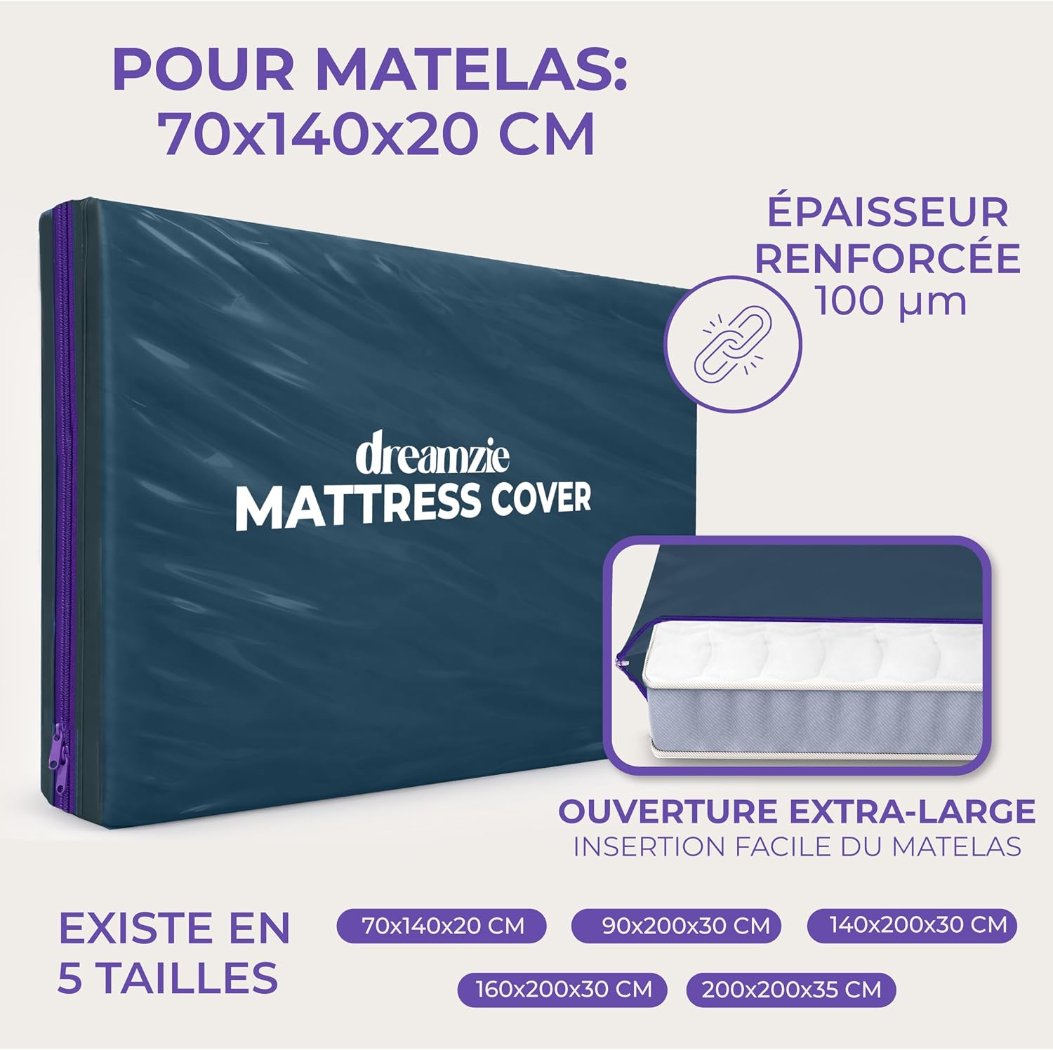 Detalle 2 de Lot de 2 housses de protection Dreamzie pour matelas 70x140 cm (plastique opaque, fermeture éclair, épaisseur 20 cm)