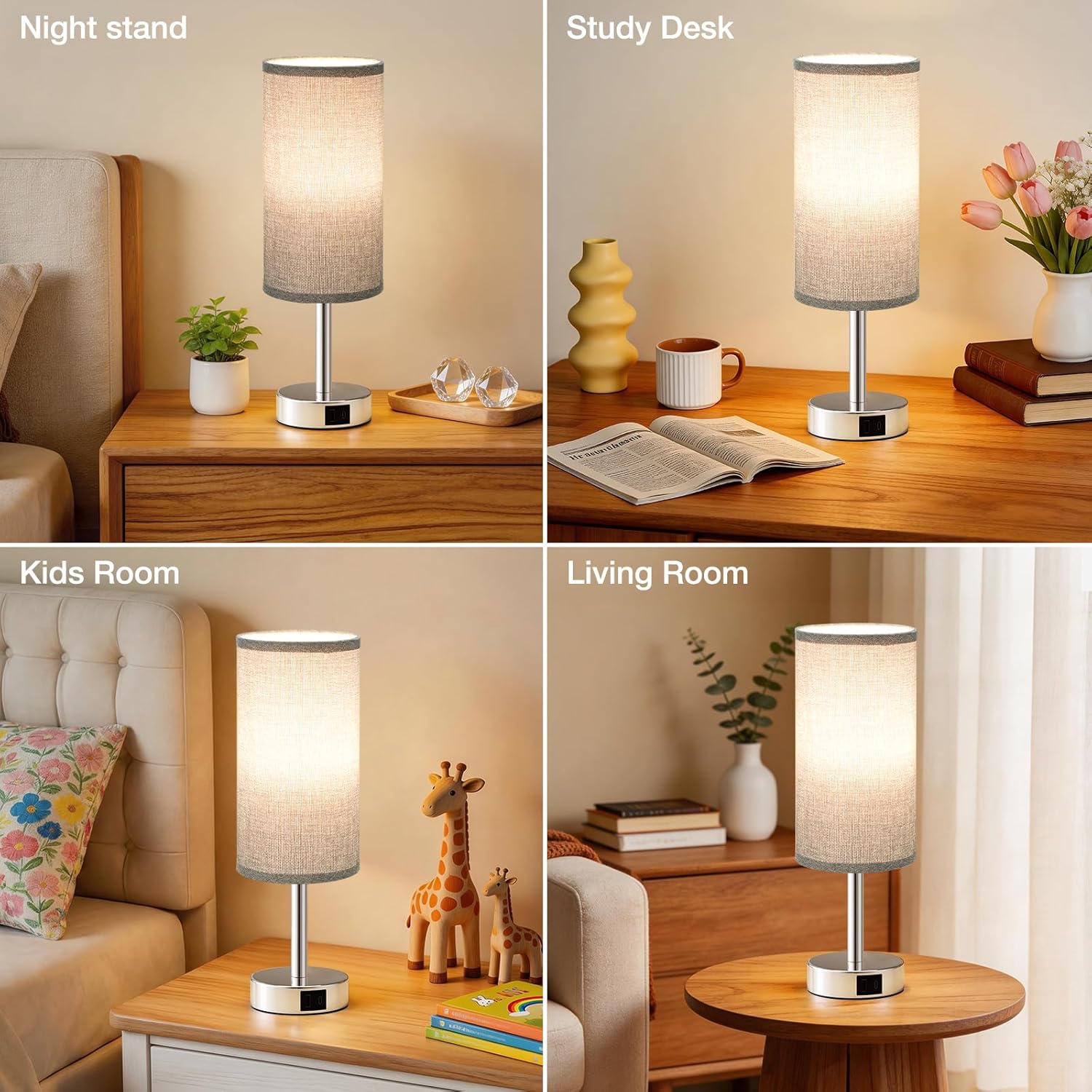 Thumbnail 5 de PreeOtti Grey Bedside Lamp with 3-Way Dimmable Touch Control and Dual USB Ports