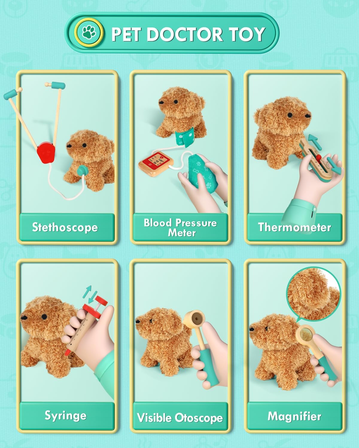 Detalle de Doctors Set for Kids: Vet Kit with Plush Puppy and Wooden Medical Toy Accessories (Green)