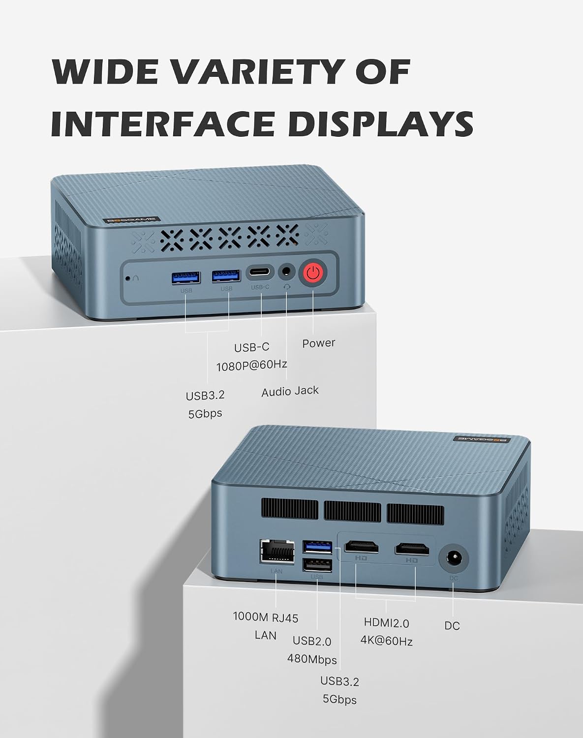 Detalle de BOSGAME E2 Mini PC (Ryzen 5 3550H, 16GB RAM, 512GB NVMe) for Triple-Display Work and Home Use