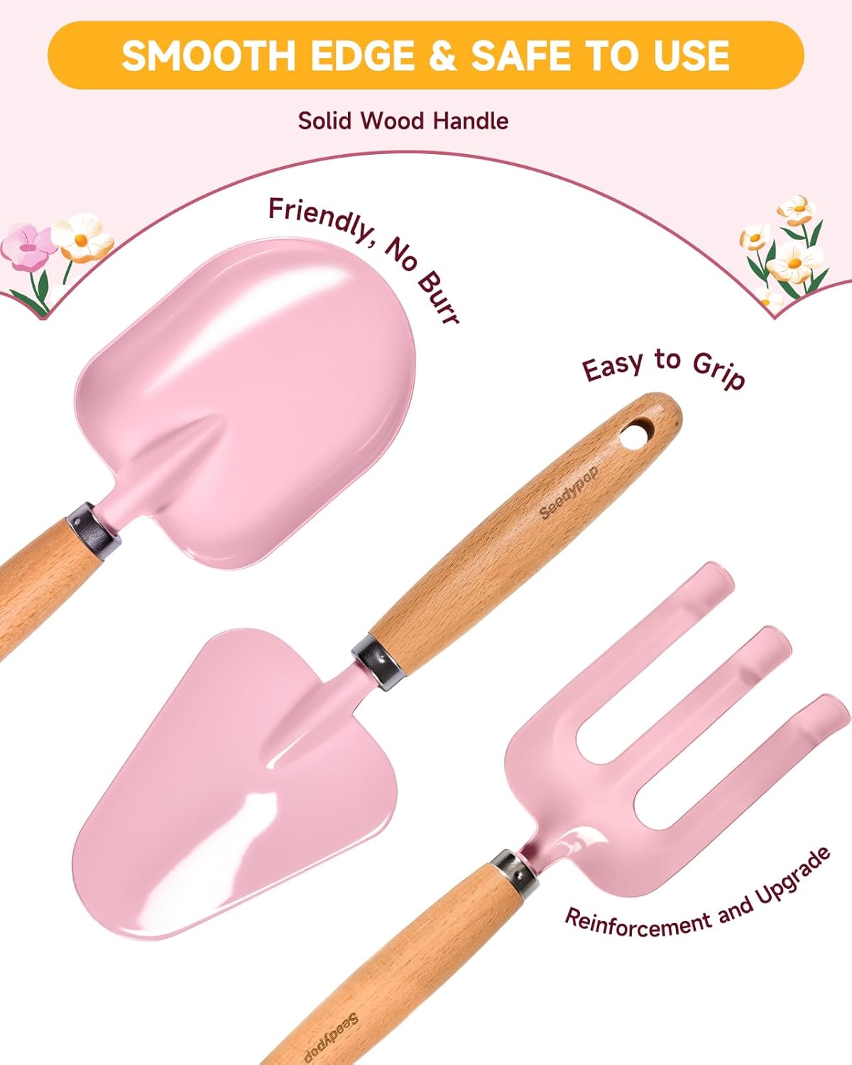 Detalle de Seedypop Kids Gardening Tool Set Toys – 8-Piece Garden Kit with Real Wood Tools, Hat, Apron, Gloves & Storage Bag (Pink Flower)
