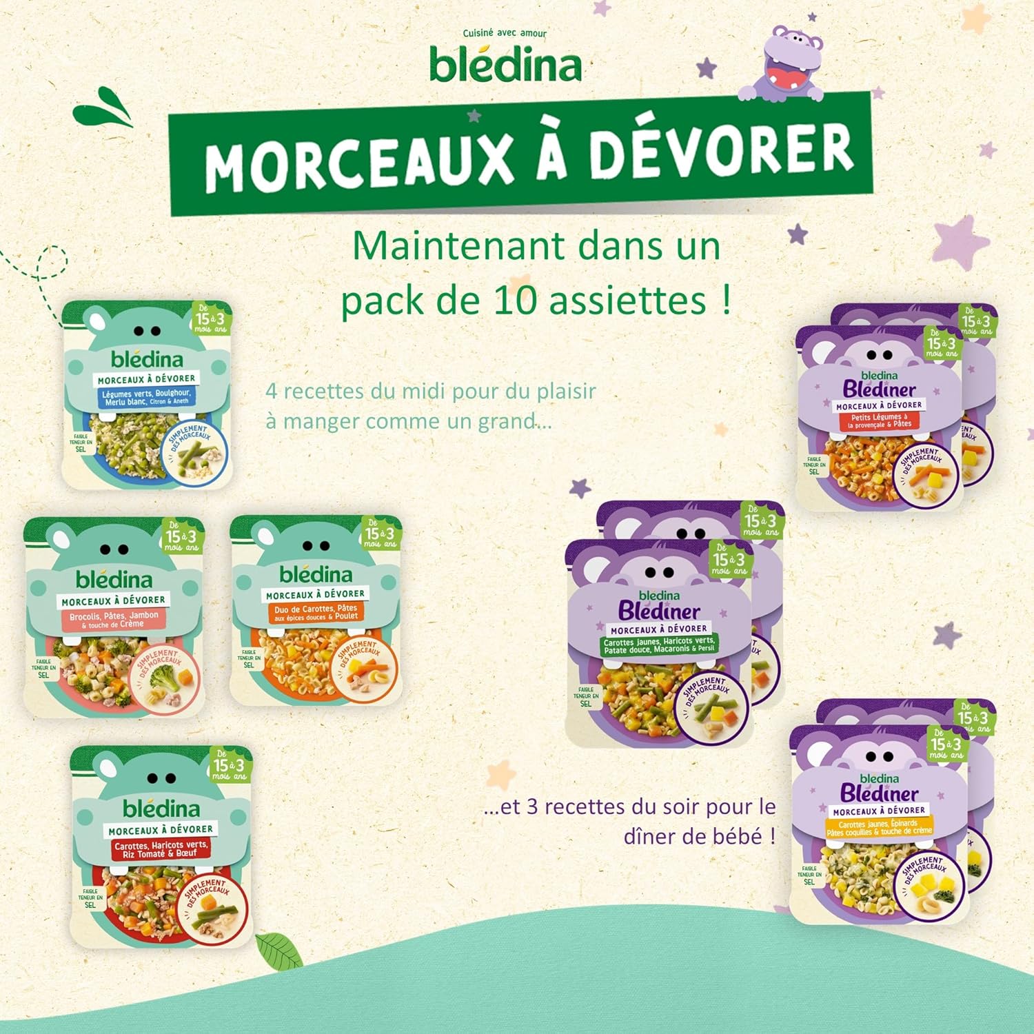 Detalle de Blédina Morceaux à Dévorer – Pack 10 assiettes pour bébé 15 mois+ (7 recettes)