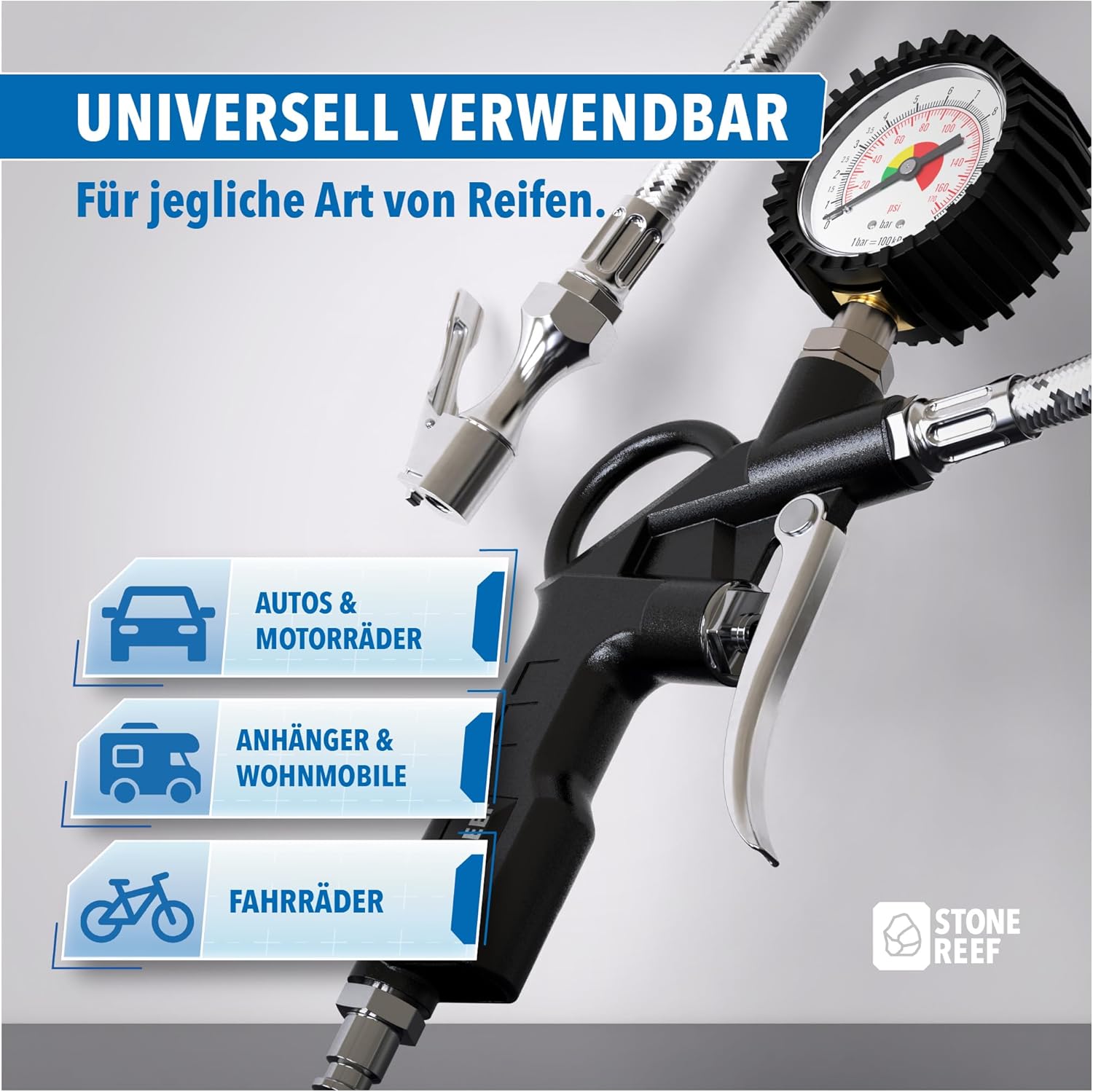 Thumbnail 3 de Reifenfüller mit drehbarem Manometer (inkl. Adapter & Ersatzkappen) – Reifendruckfüller für Kompressor, Auto und Fahrrad
