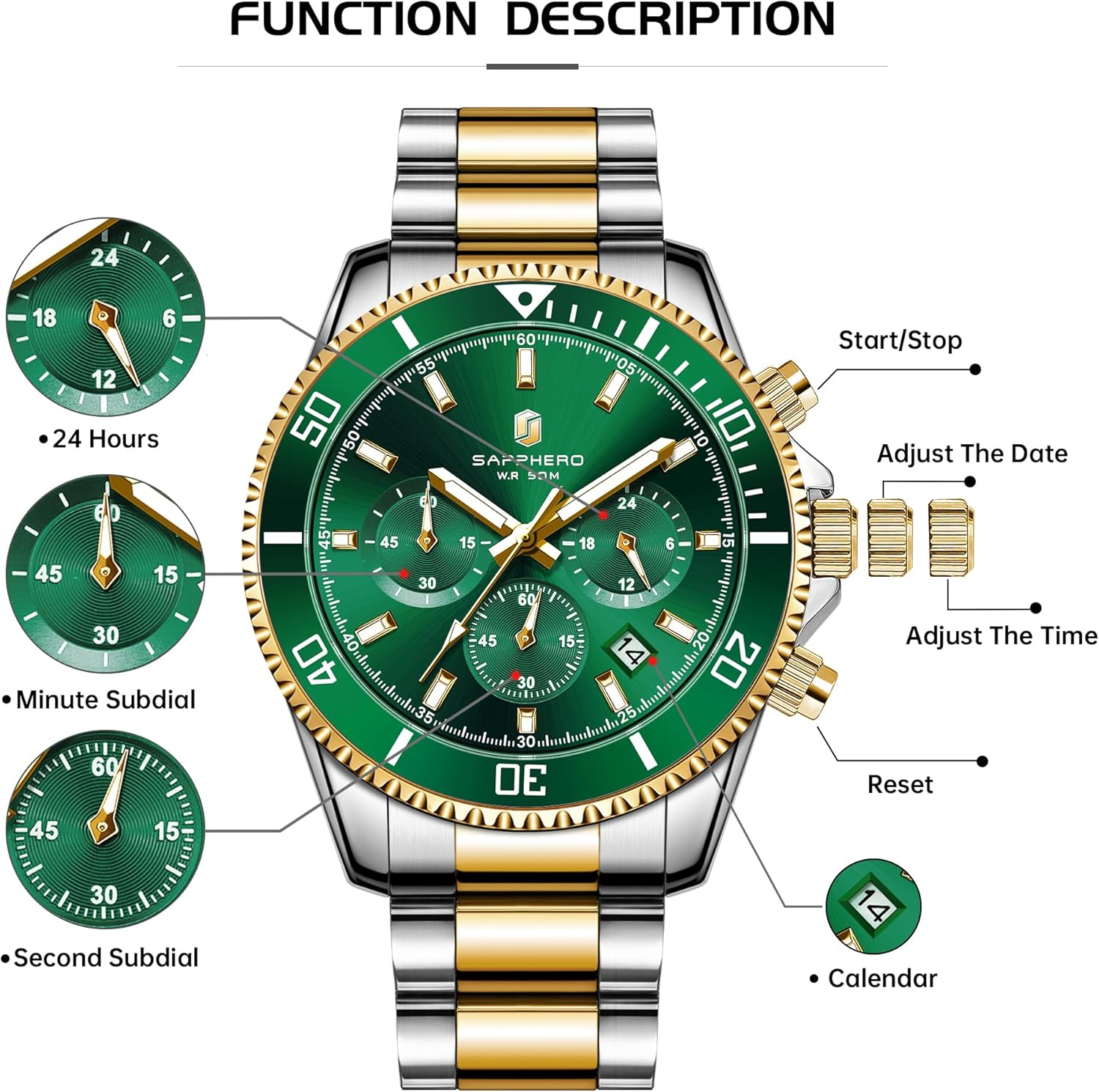 Thumbnail 6 de SAPPHERO Orologio da Uomo Analogico Quarzo Cronografo 50M — Acciaio, 42 mm, Design Classico e Sportivo