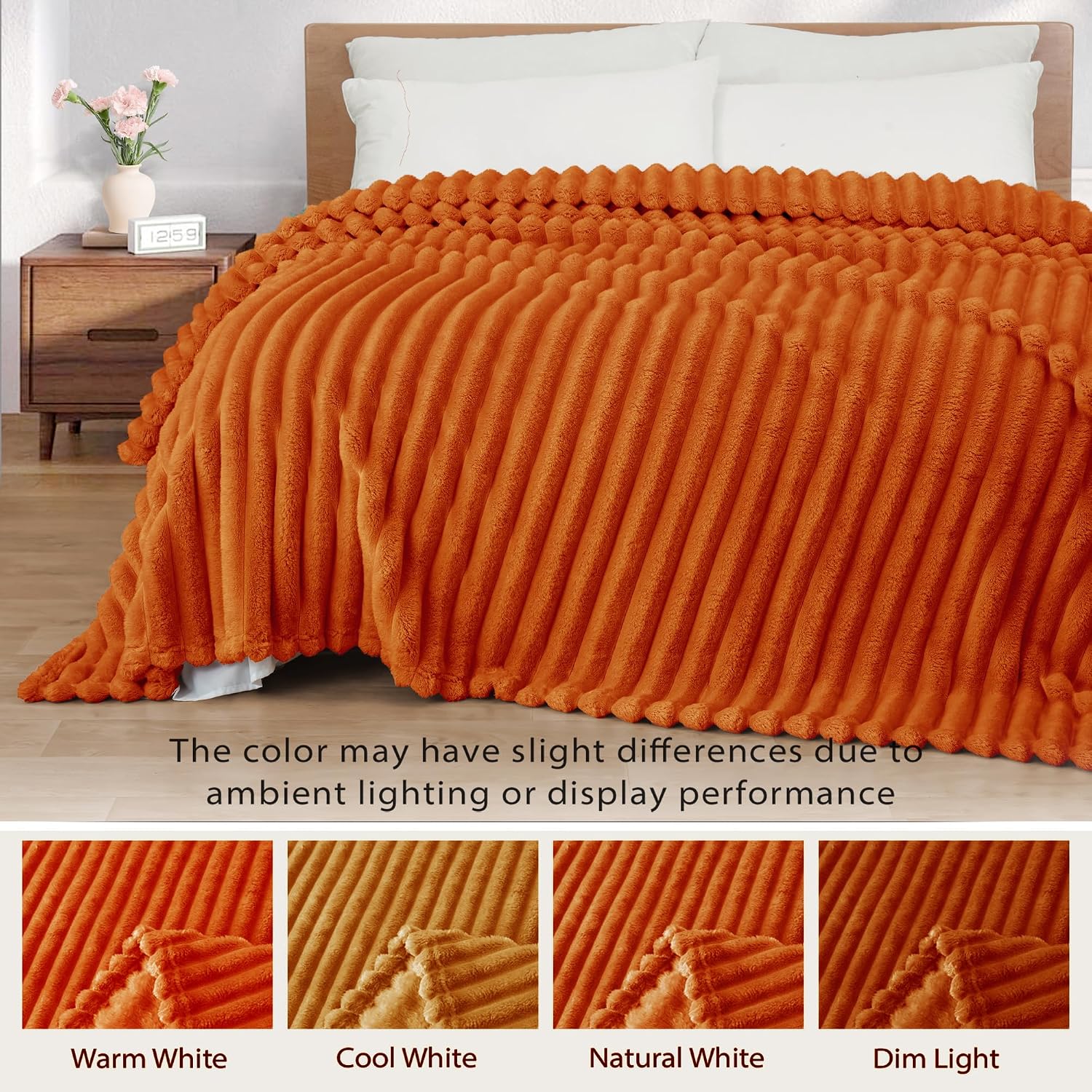 Detalle de Exclusive Mix Queen Size Flannel Fleece Blanket with Striped Jacquard – 230x230 cm, Burnt Orange