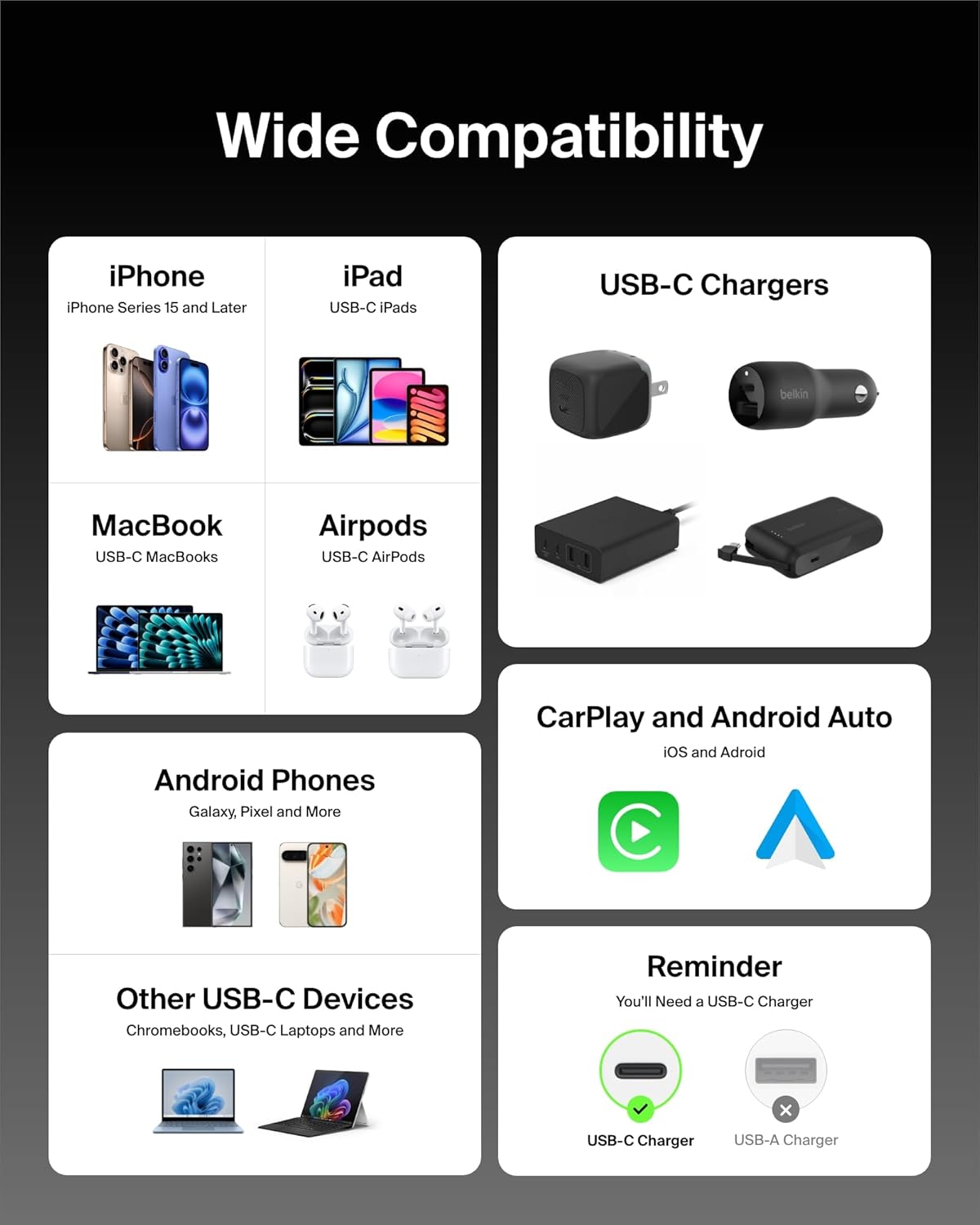 Thumbnail 4 de Belkin 2-Pack Braided USB-C to USB-C Cable 5ft (60W) – Fast Charging, Durable Braided Cord, Black