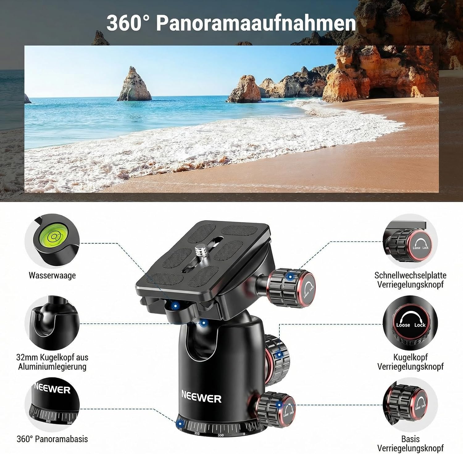 Detalle de NEEWER 90 Zoll horizontales Kamerastativ mit Kugelkopf und umgekehrten Beinen – zuverlässig für DSLR-Video und Fotografie