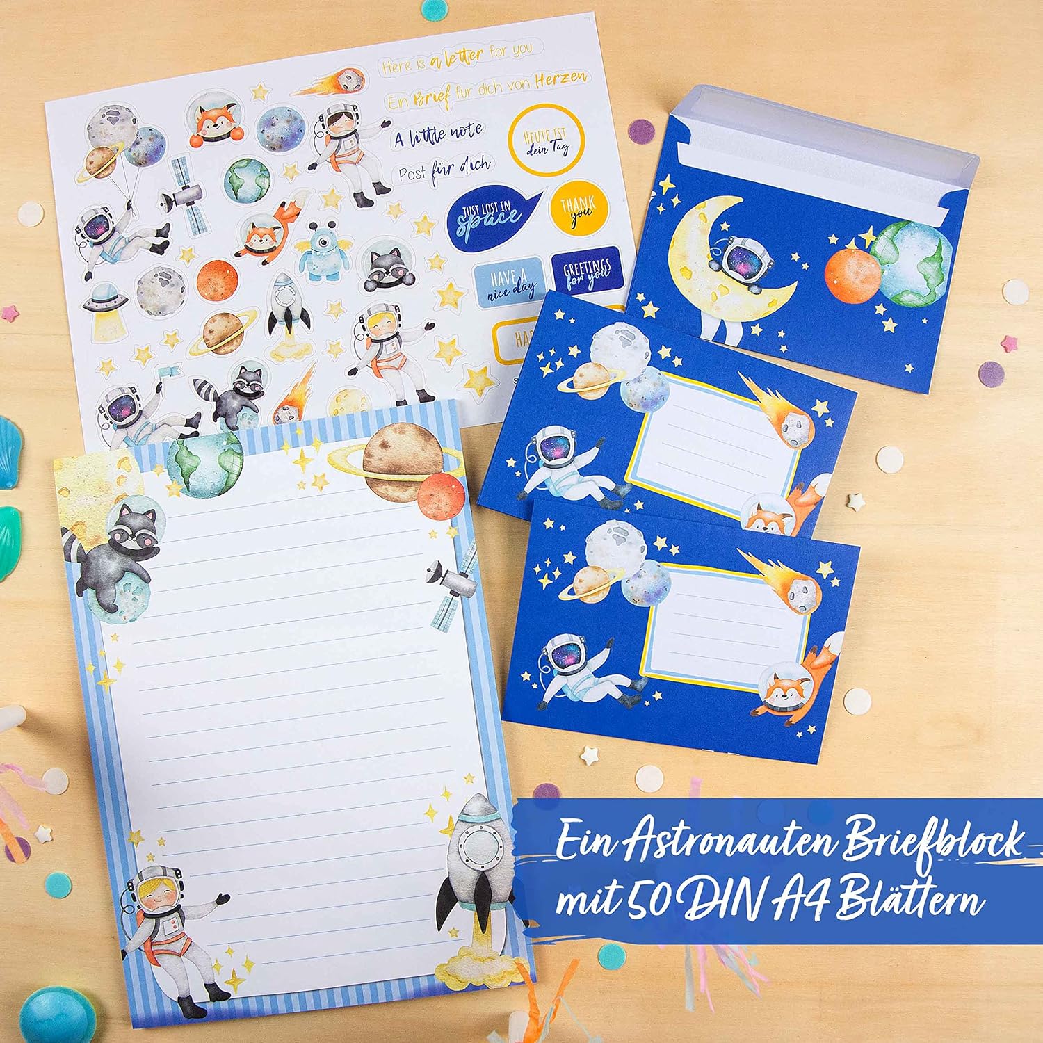 Detalle 2 de Papierdrachen Briefblock Set mit Astronauten-Motiven: 50 Briefbögen, 20 Umschläge & Stickerbogen