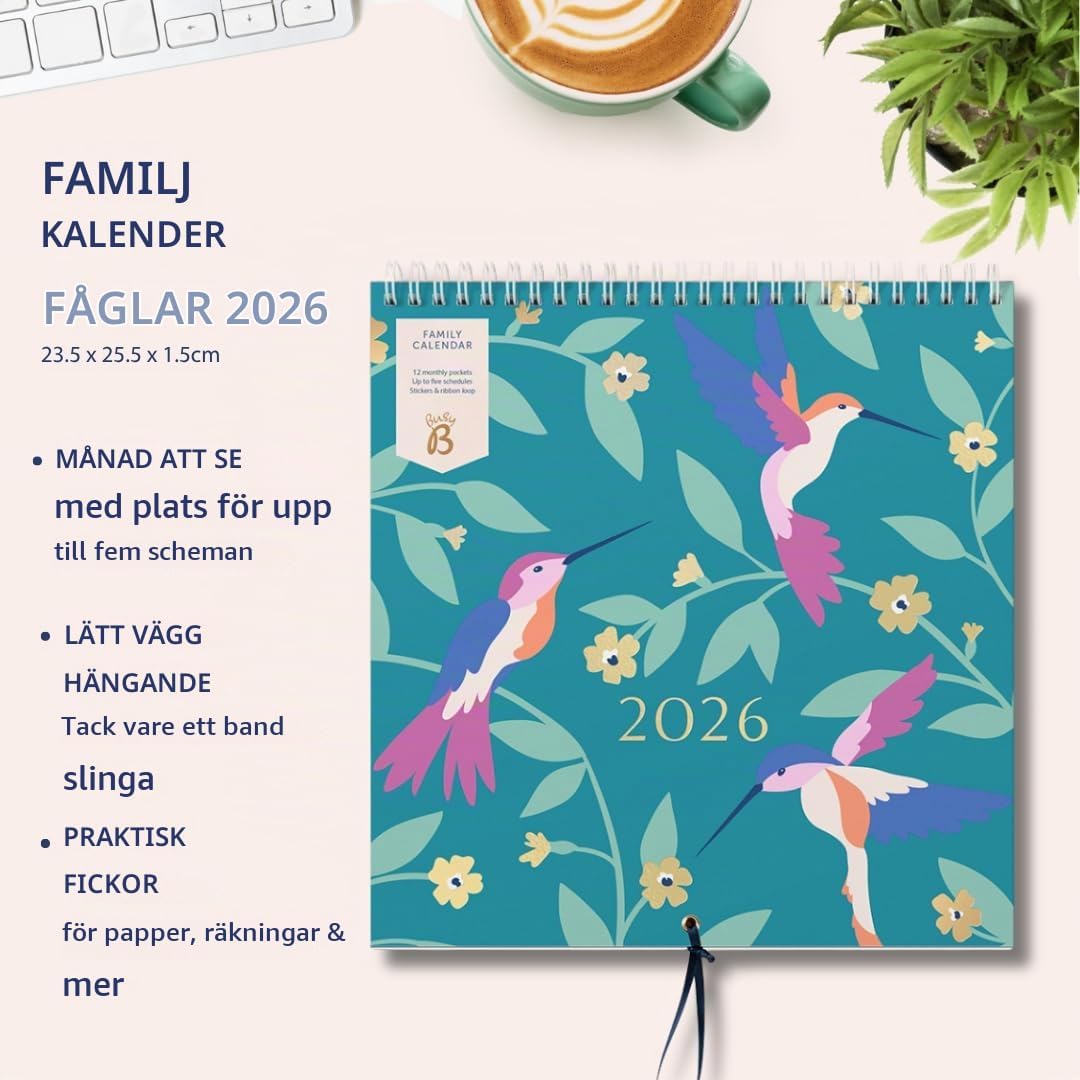Detalle 2 de Busy B 2026 väggkalender med fågelmotiv, fem kolumner och förvaringsfickor