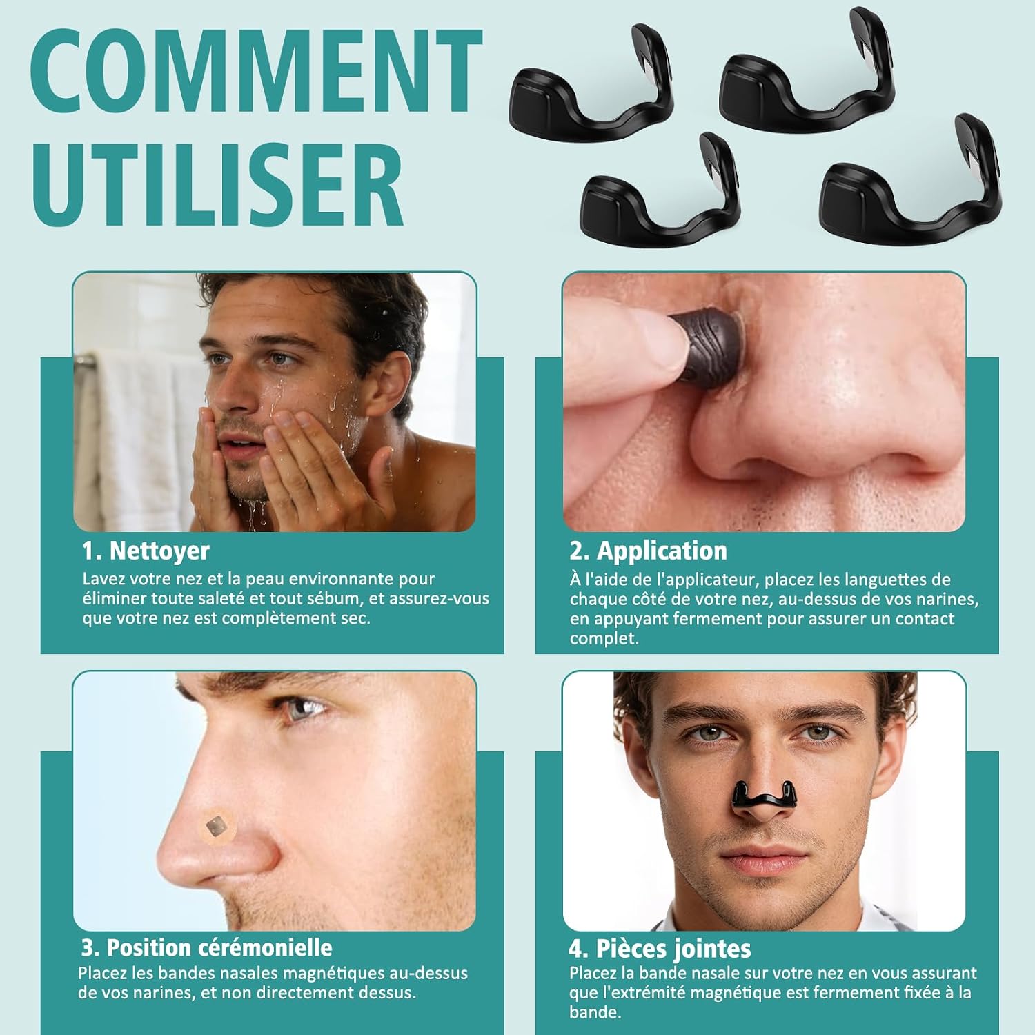 Thumbnail 5 de Bandelettes nasales magnétiques anti-ronflement (lot de 60) avec 4 pinces nasales – Noir