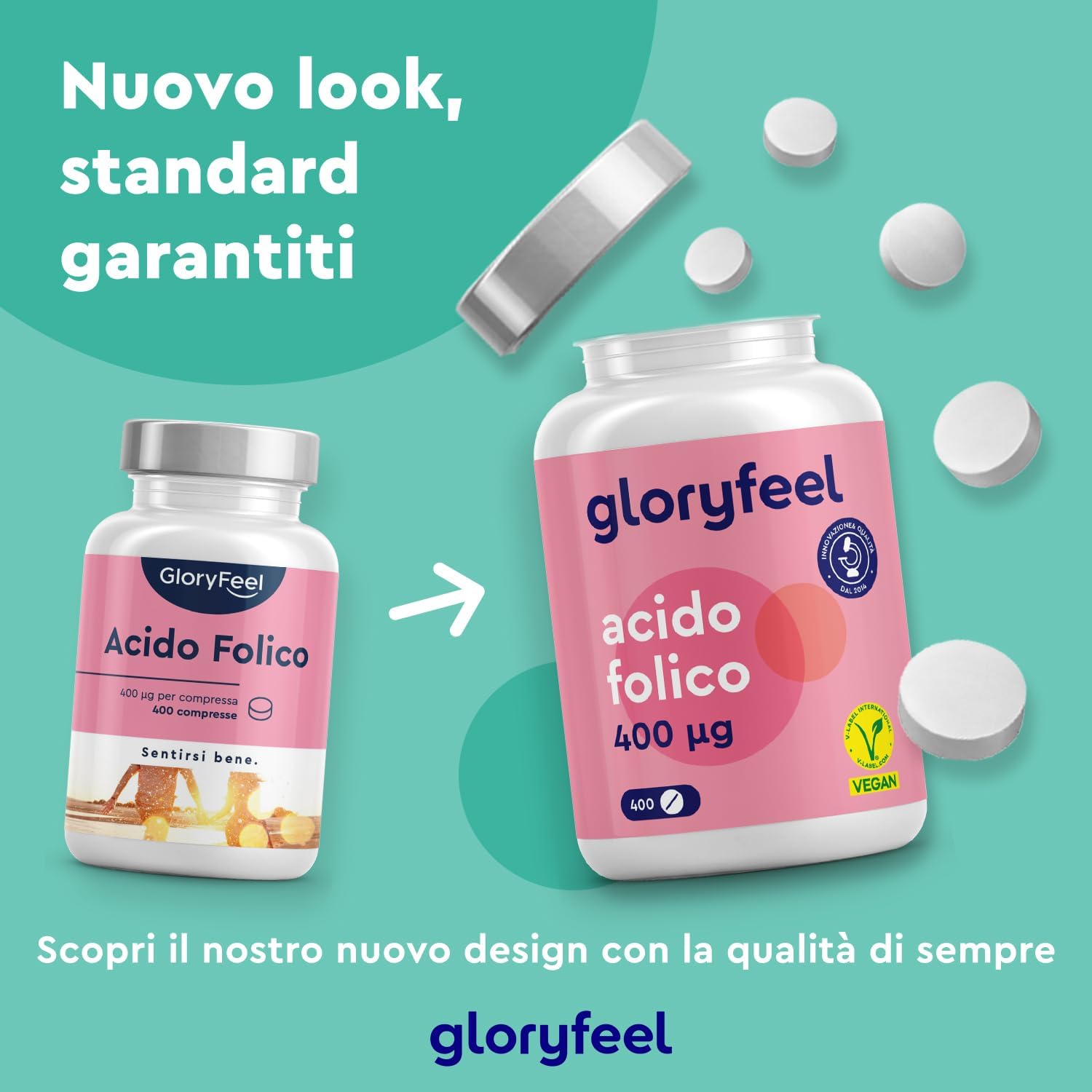 Detalle de Acido folico 400 µg compresse (vitamina B9) per il 1° trimestre: 400 compresse, 100% vegan