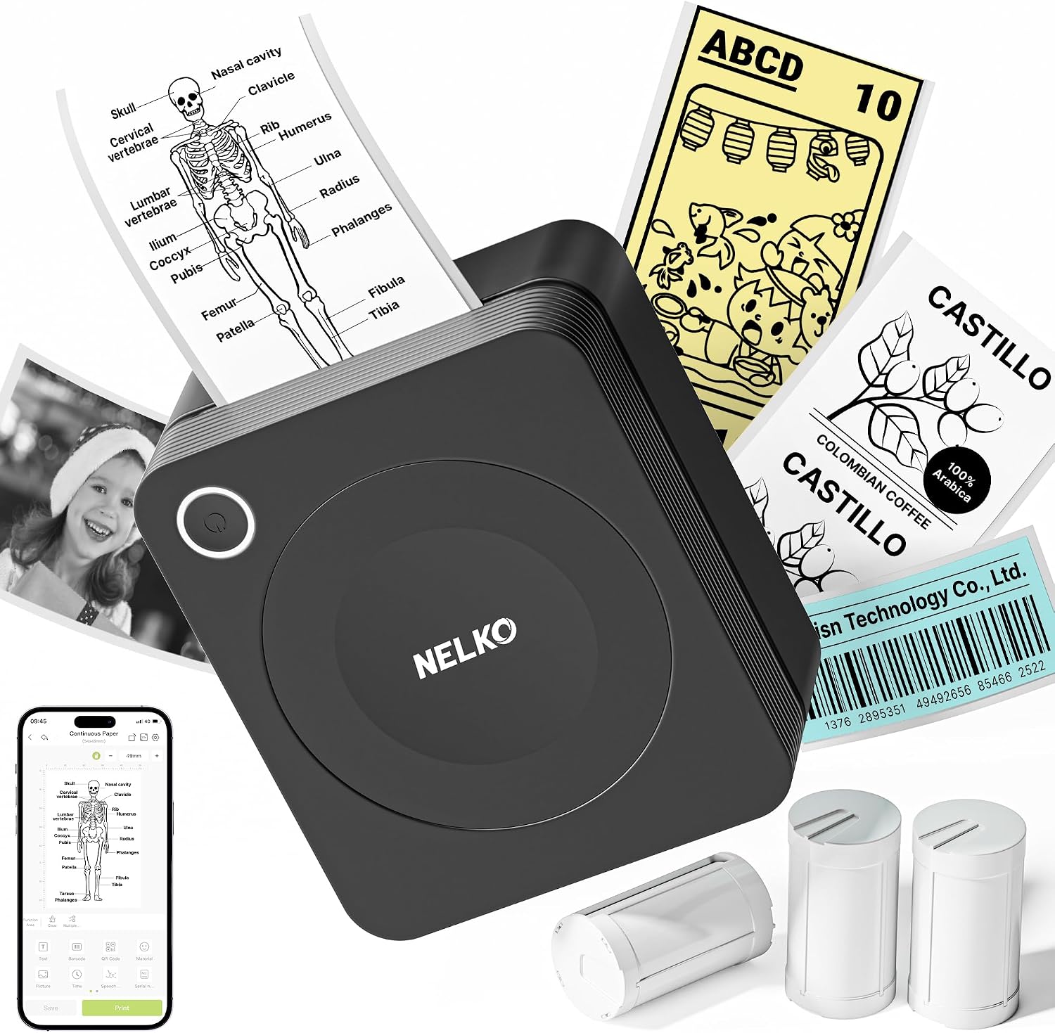 Detalle de Nelko PM230 stickerprinter, Bluetooth, 54 mm thermisch labelpapier, 3 rollen