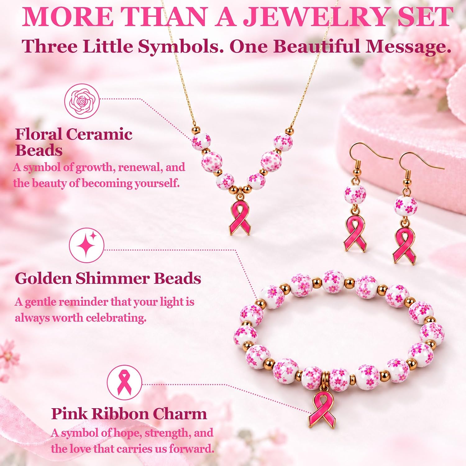 Detalle de Breast Cancer Awareness Bracelet with Ceramic Beads
