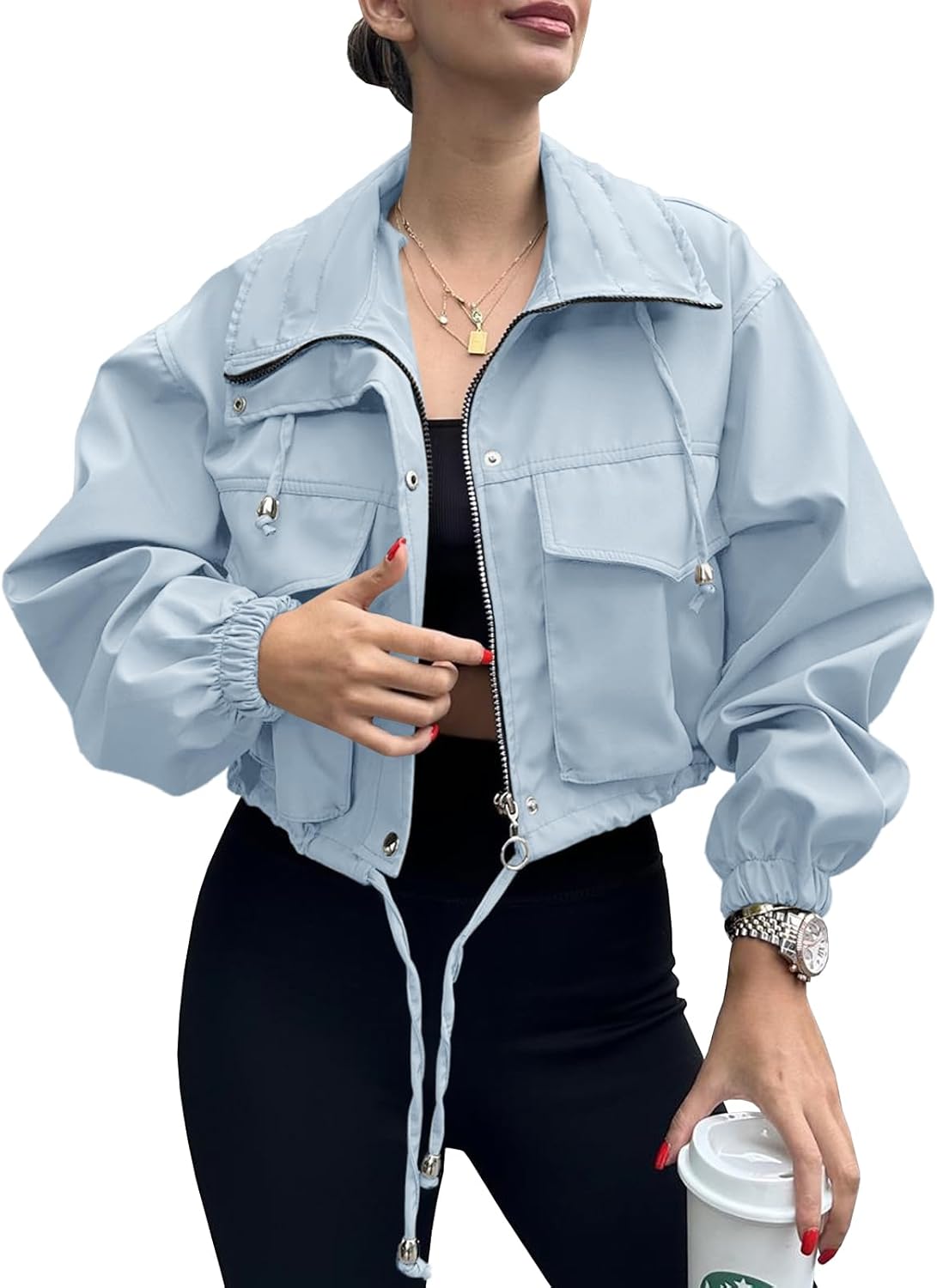 Thumbnail 6 de Tankaneo Womens Cropped Jacket Zip Up Lightweight Oversized Utility Anorak Coat with Pockets