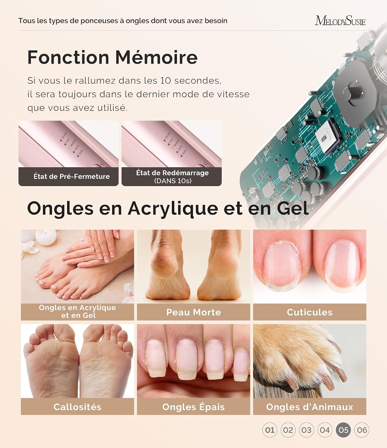Detalle de MelodySusie ponceuse pour ongles PC760G – kit manucure/pédicure sans fil avec 8 embouts et LED 360°, 5 vitesses