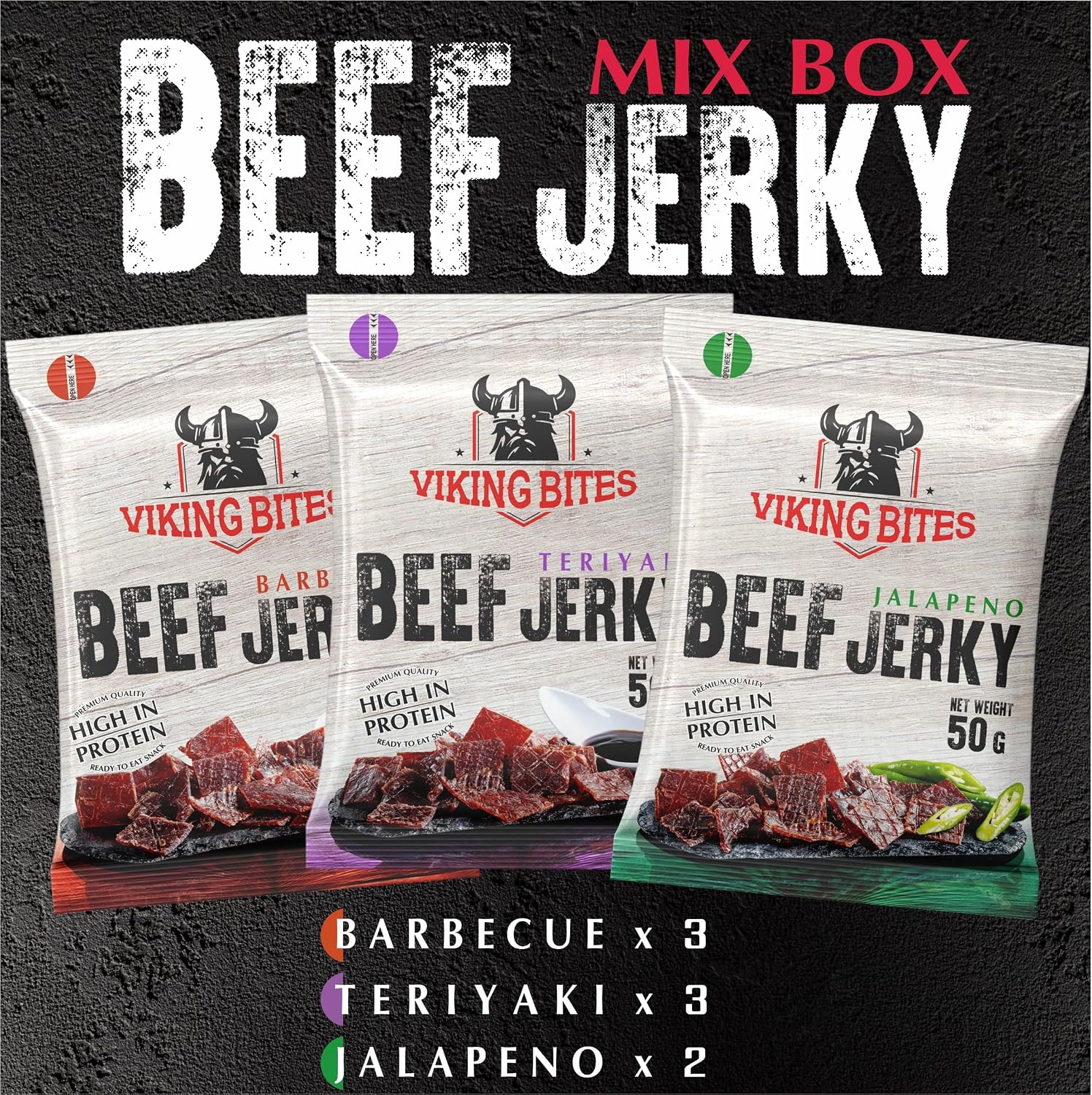 Detalle de Viking Bites Beef Jerky Mixed Box 400 g, gedroogde rundvleessnack in 3 smaken