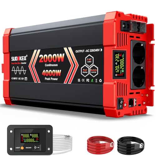 Detalle de SUDOKEJI 2000W Convertisseur 12V → 230V Pure Sinus — Onduleur avec 2 prises CA, USB-C 30W, Télécommande et écran LCD