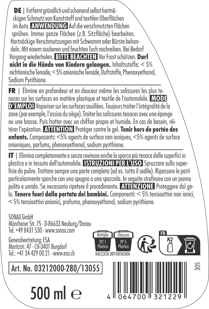 Thumbnail 1 de SONAX Nettoyant intérieur auto (500 ml) – nettoyage profond et parfum frais pour garnitures (Réf. 03212000)