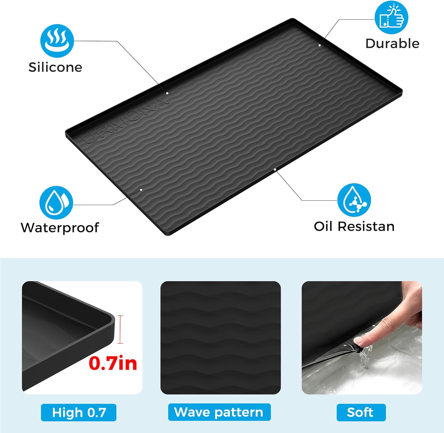 Thumbnail 1 de URMONA 22" x 14" Waterproof Silicone Under Sink Mat, Cabinet & Counter Protector (Black)