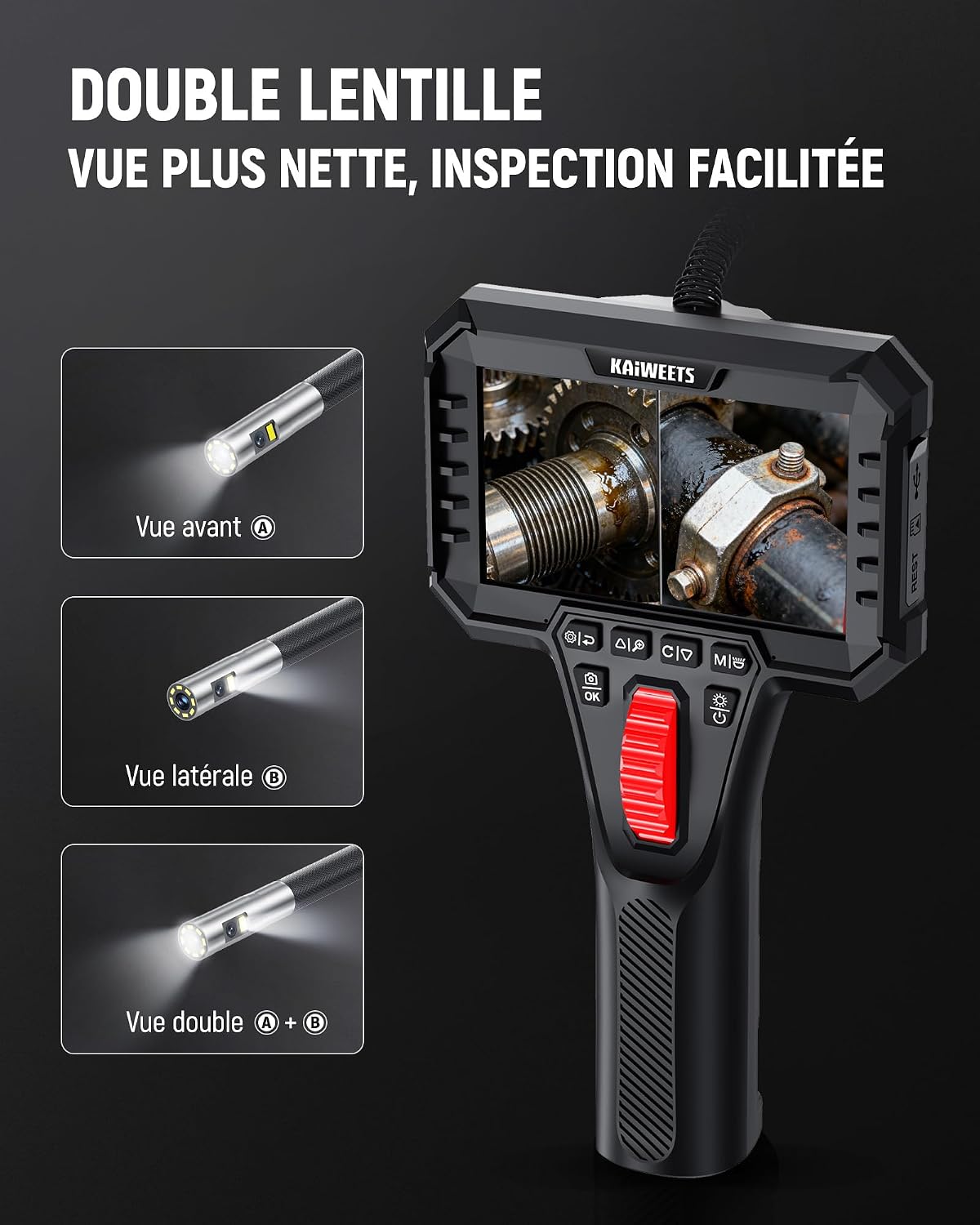 Thumbnail 2 de KAIWEETS caméra endoscopique articulée double objectif 210° avec éclairage et écran IPS 1080P