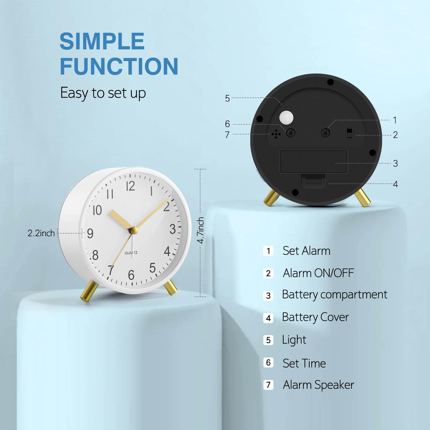 Thumbnail 4 de Jisile Analog Alarm Clock Silent Non-Ticking with Night Light, Large Display and Battery Operation