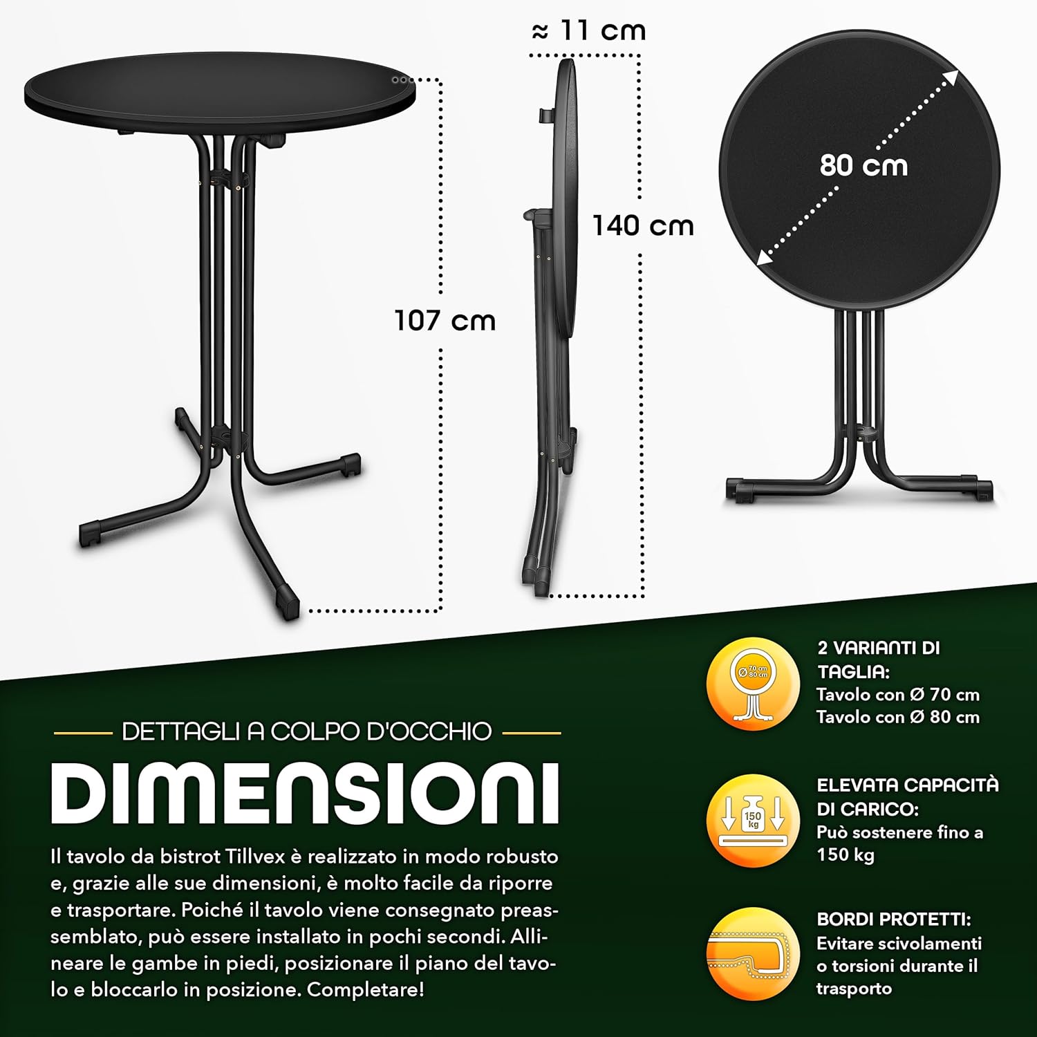 Thumbnail 1 de tillvex Gastro Tavolo pieghevole Ø 80 cm con rivestimento – tavolo da bistrot resistente alle intemperie