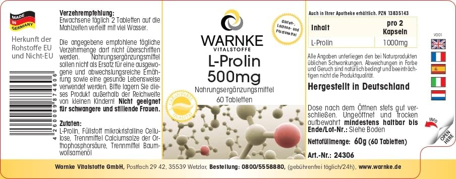 Thumbnail 1 de Warnke Vitalstoffe L-Prolina 500mg Vegana 60 comprimidos 💊