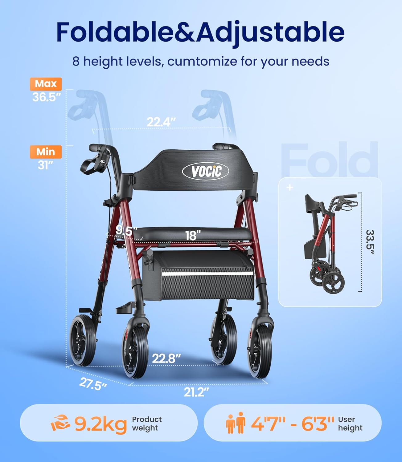 Thumbnail 6 de VOCIC Z21 Rollator Walker with Seat, Brakes, Bag & Foldable Frame (Purple) – Adjustable Height, 20cm Wheels