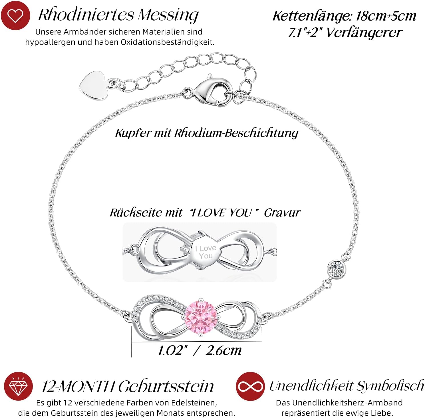 Thumbnail 3 de CDE Infinity Armband für Damen mit Herz & Zirkonia – Geburtssteinarmkette in Roségold (mit Verlängerung)