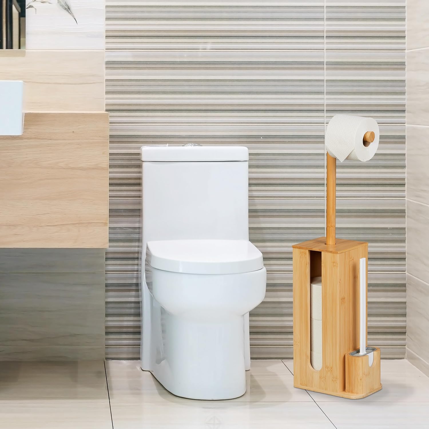 Detalle de Relaxdays Bamboo Toilet Roll Holder and Brush Set, Freestanding 3-in-1