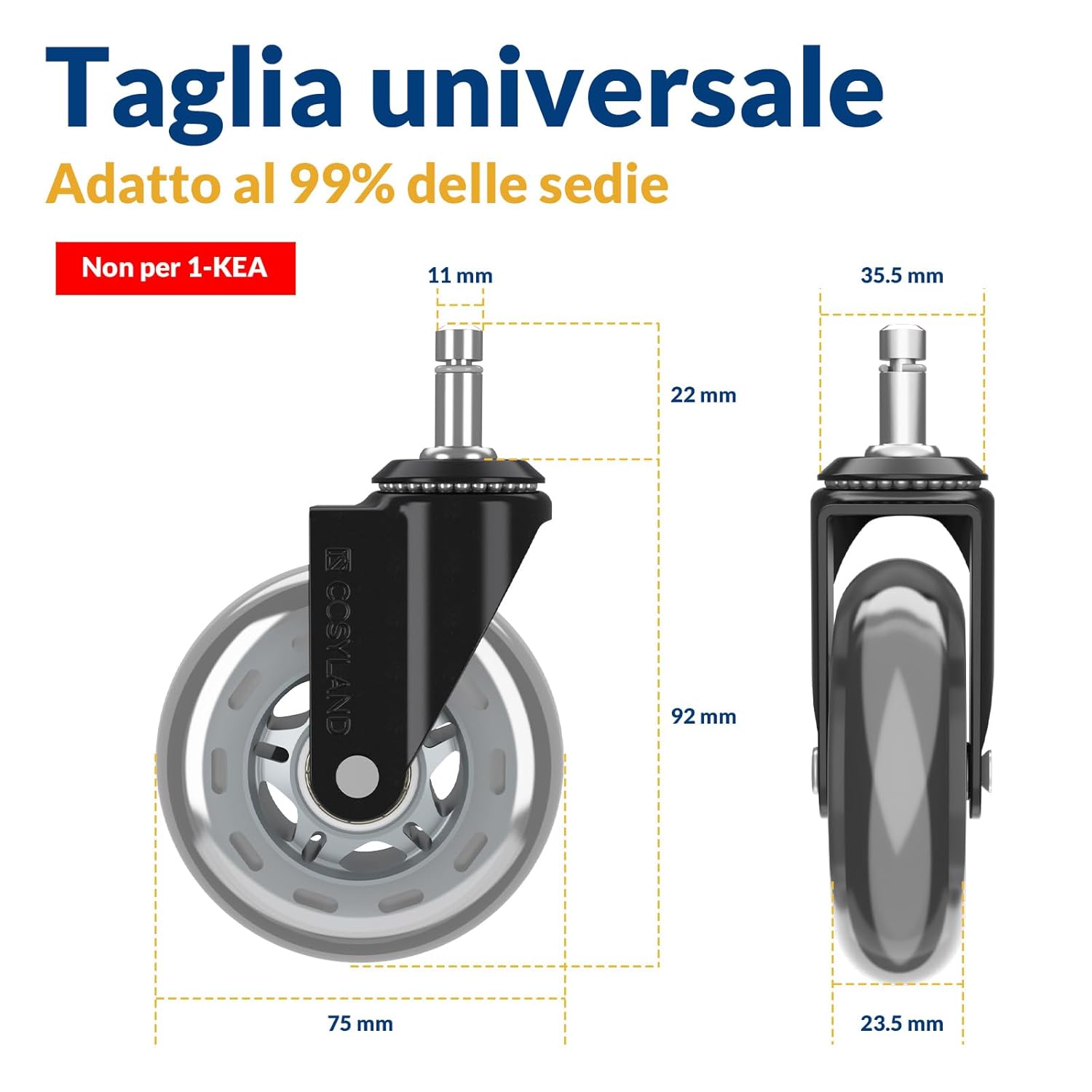 Detalle 2 de COSYLAND Rotelle sedia ufficio in argento trasparente – Set 5 ruote silenziose per pavimenti duri