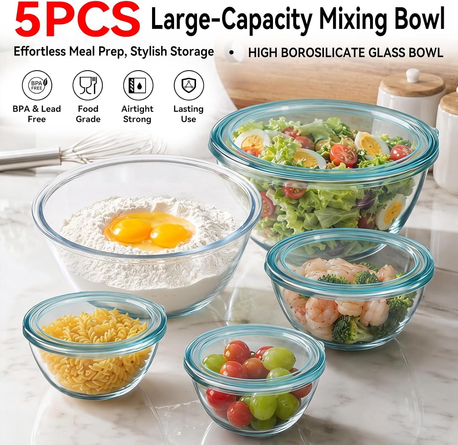 Thumbnail 4 de YUANYE 5 Pack Glass Mixing Bowls with Lids Set (5/2.5/1.5/0.9/0.6QT) with Nesting Design