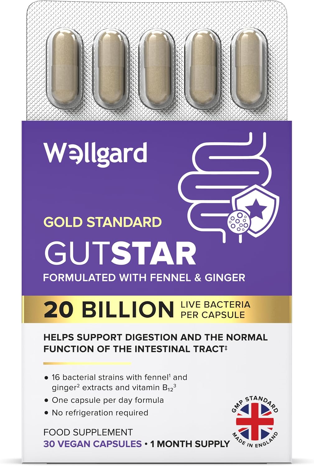 Detalle de Wellgard Gutstar Bio Cultures for Gut Health, 20 Billion CFU – 16 Strains | Vegan, UK Made