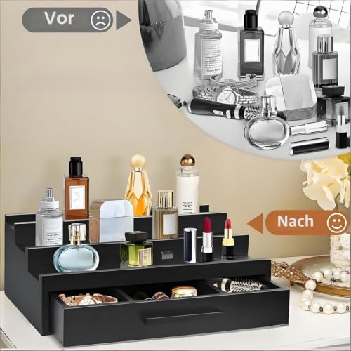 Detalle de Homeily 3-Stufiger Köln Parfüm Organizer aus Holz mit Schublade – stilvolle, platzsparende Aufbewahrung