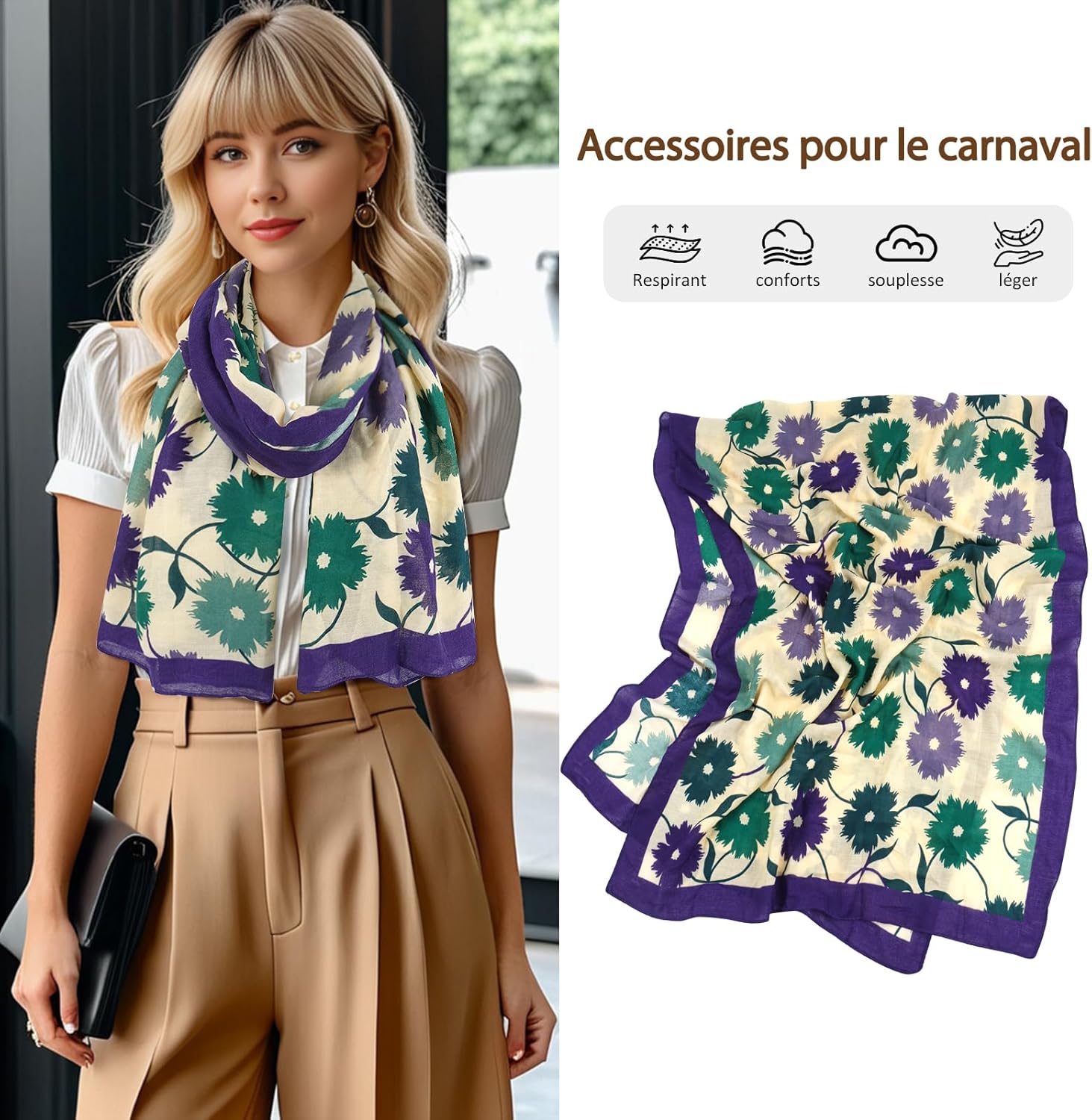 Thumbnail 1 de DAMILY Écharpe légère femme motif floral 180 x 70 cm en coton fin (wrap / châle)