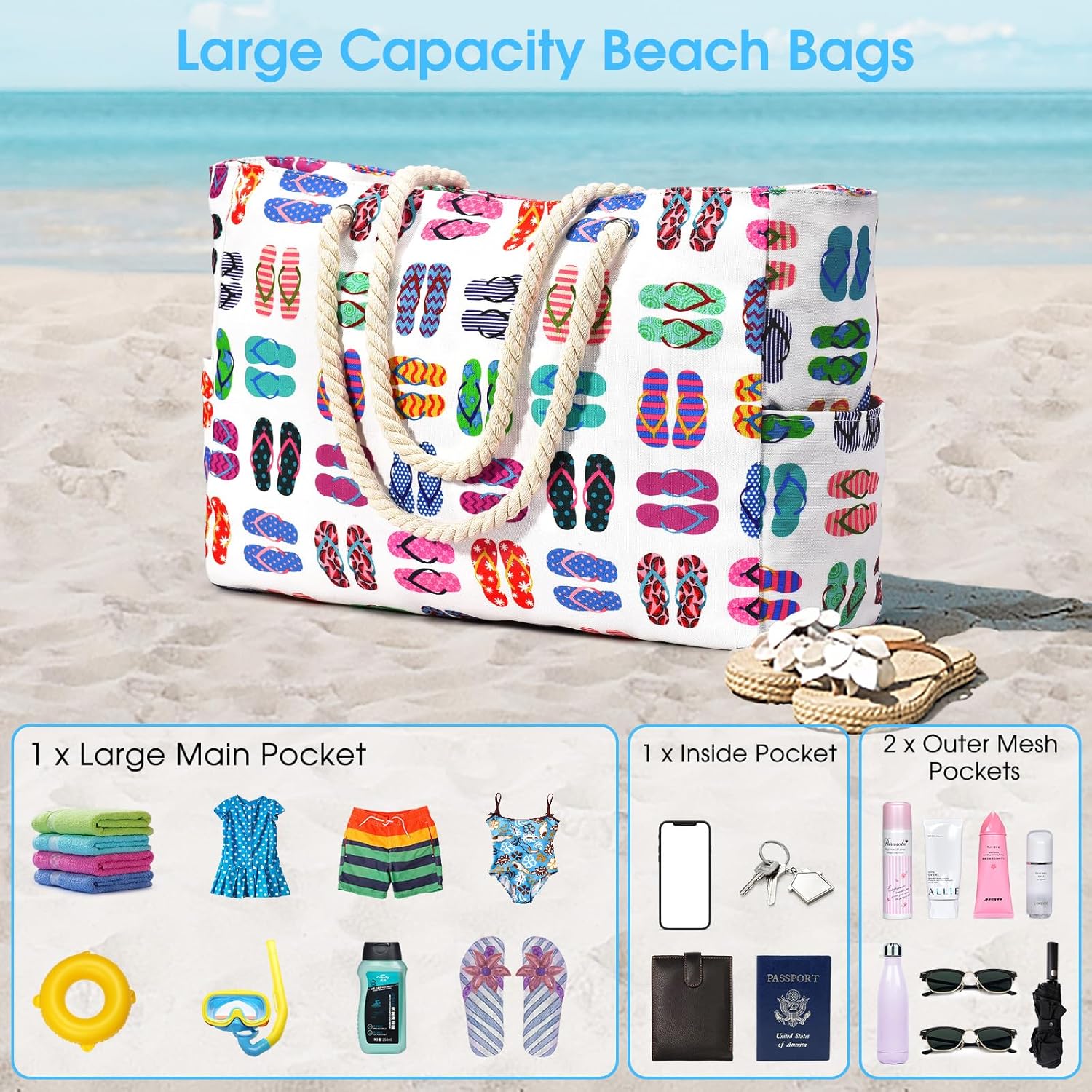 Thumbnail 6 de oscaurt Large Waterproof Beach Bag – Spacious Tote with Zip & Rope Handles