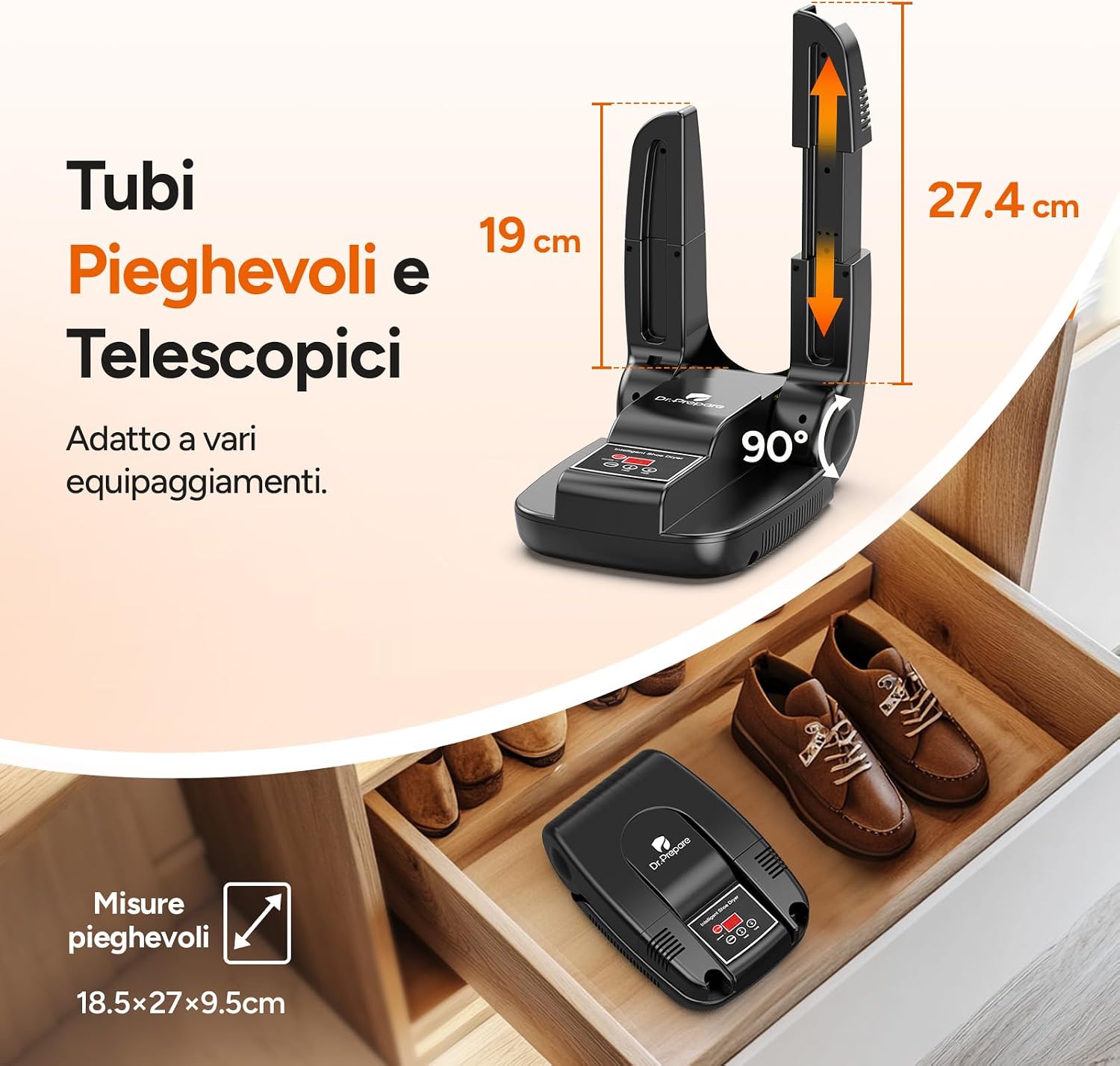 Detalle 2 de DR.PREPARE Dr.Prepare Asciuga Scarpe Elettrico: asciuga velocemente scarpe, stivali e accessori con timer e design pieghevole