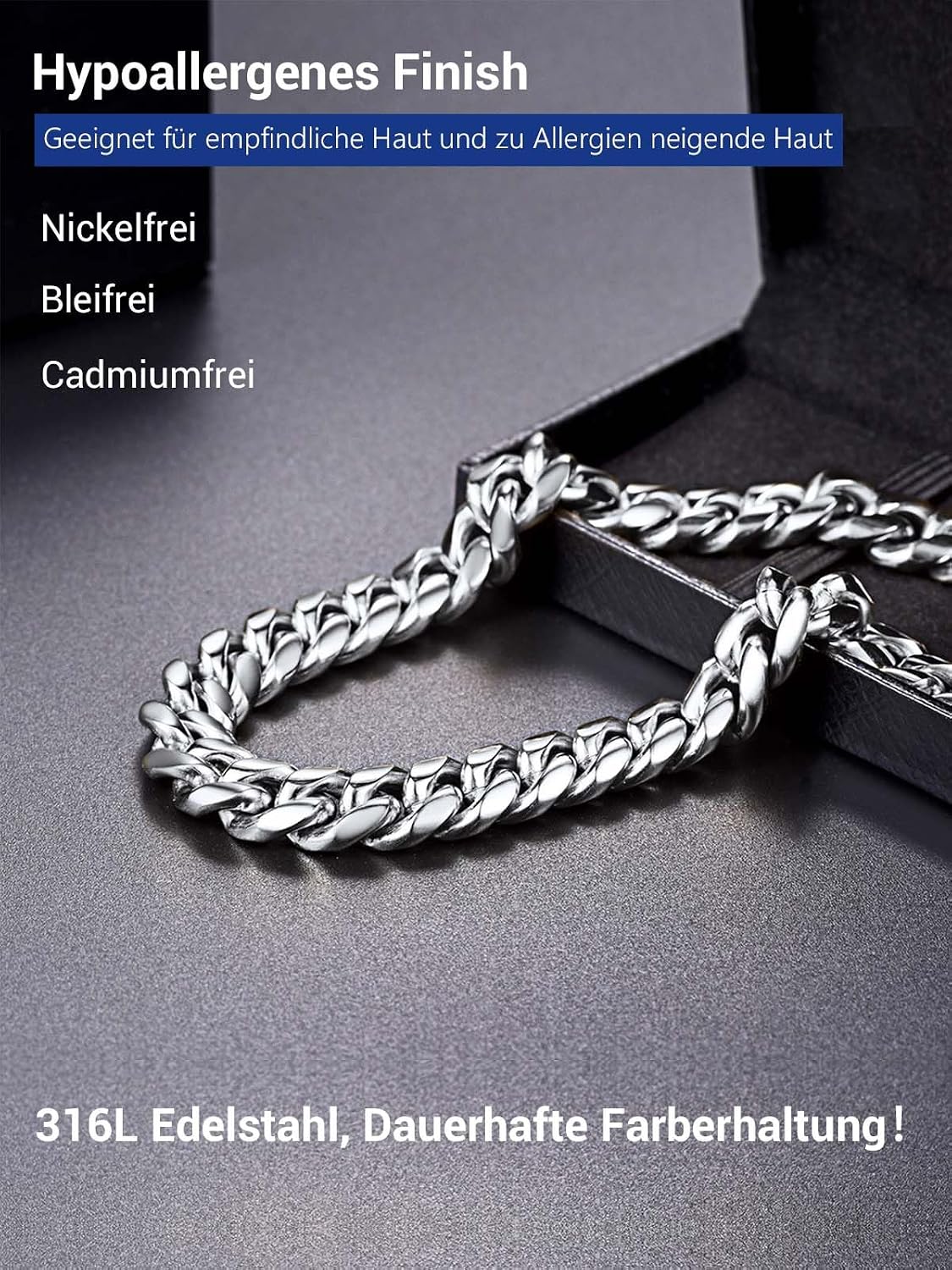 Detalle de PROSTEEL Herren-Halskette aus Edelstahl massiv, Panzerkette (4,8/6/10/14 mm) – Gliederkette im Hip-Hop-Stil, Länge wählbar
