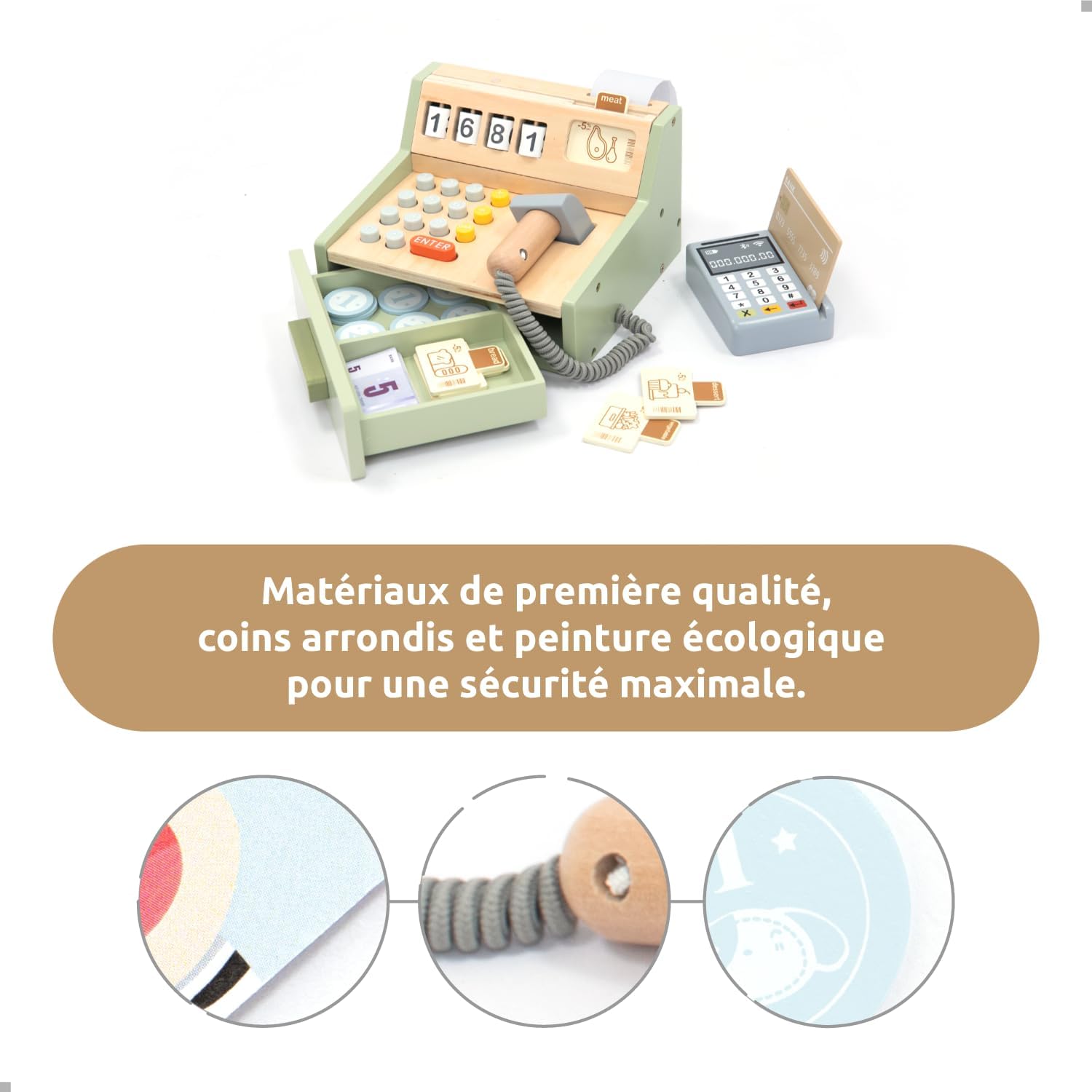 Detalle de UMU® Caisse Enregistreuse en Bois pour Enfants avec Accessoires (Scanner, Terminal de Paiement, Argent de Jeu) – Ensemble de 35 pièces