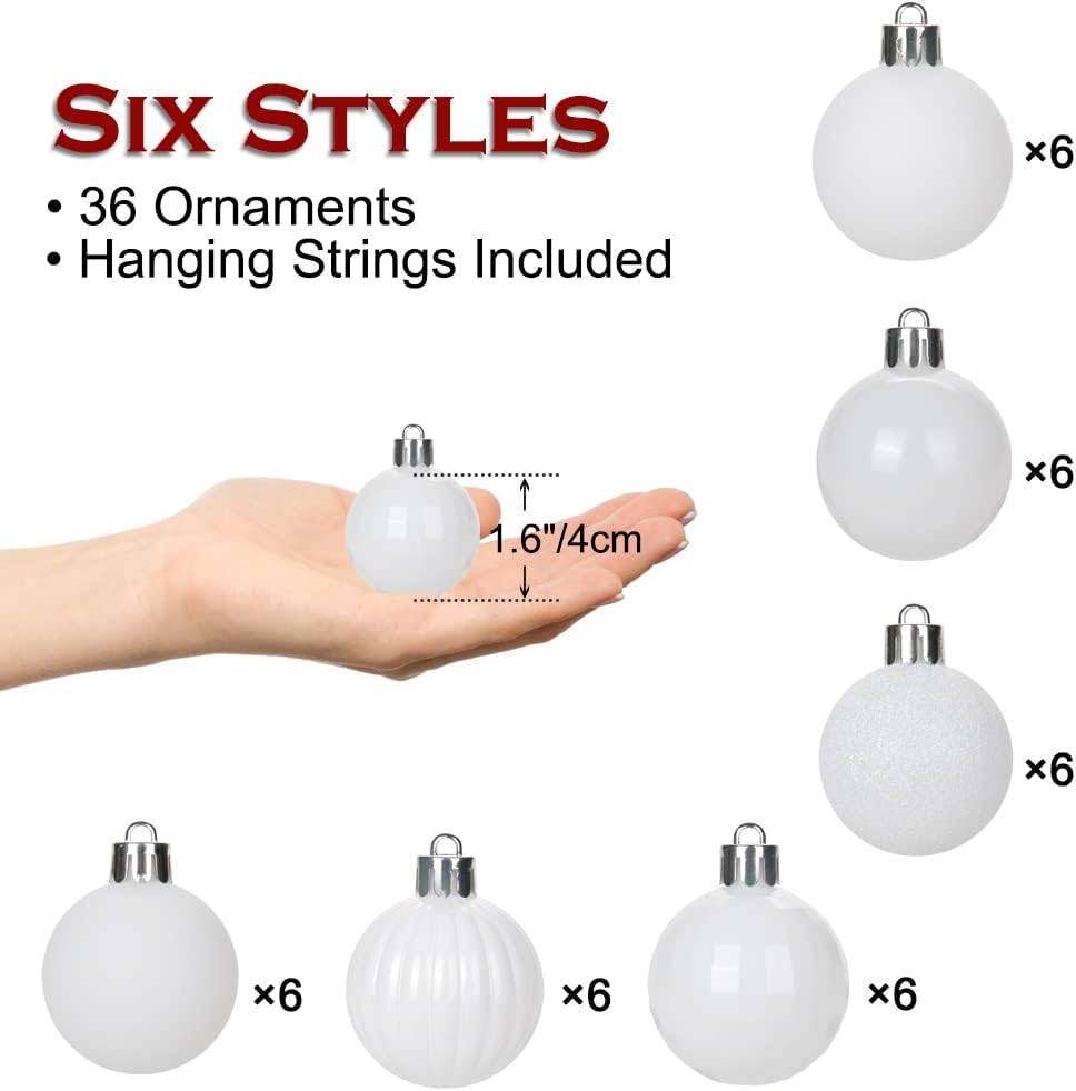 Detalle de Oairse 36 Pcs 4cm White Christmas Baubles – Shatterproof Mini Ornaments for Tree, Wreaths and Decorations
